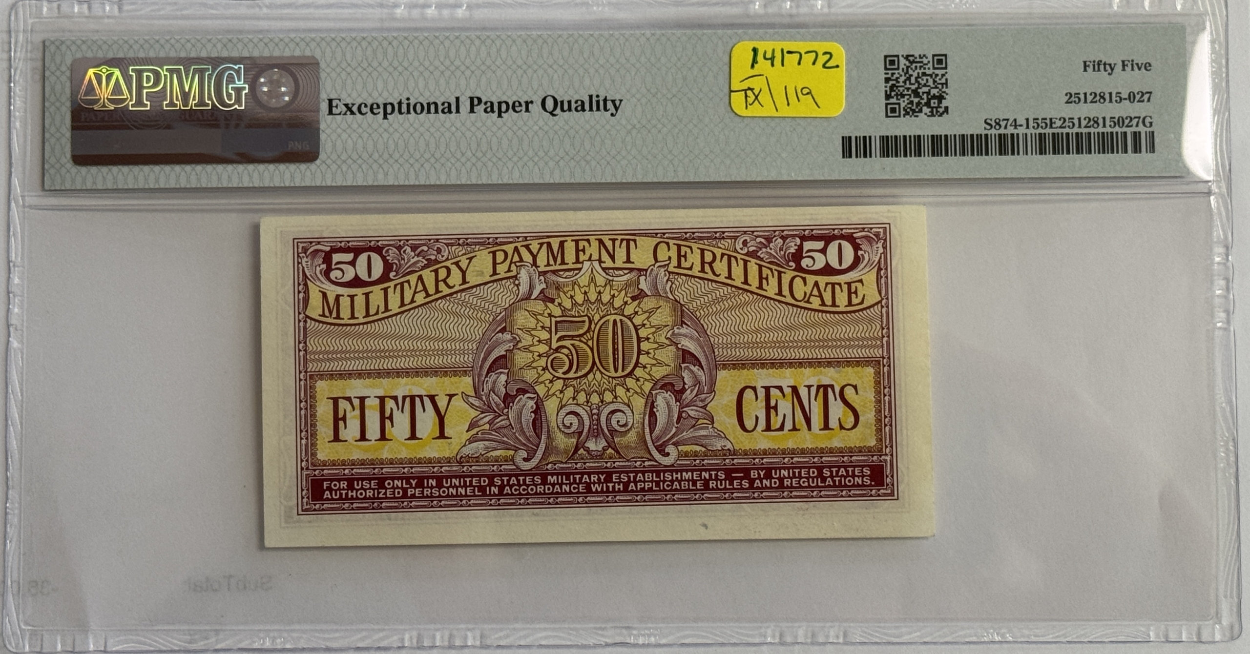 Military Payment Certificates SERIES 611 50 CENTS MPC MILITARY PAYMENT CERTIFICATE, S874-1 – PMG AU-55 EPQ! Military Payment Certificates SERIES 611 50 CENTS MPC MILITARY PAYMENT CERTIFICATE, S874-1 – PMG AU-55 EPQ!