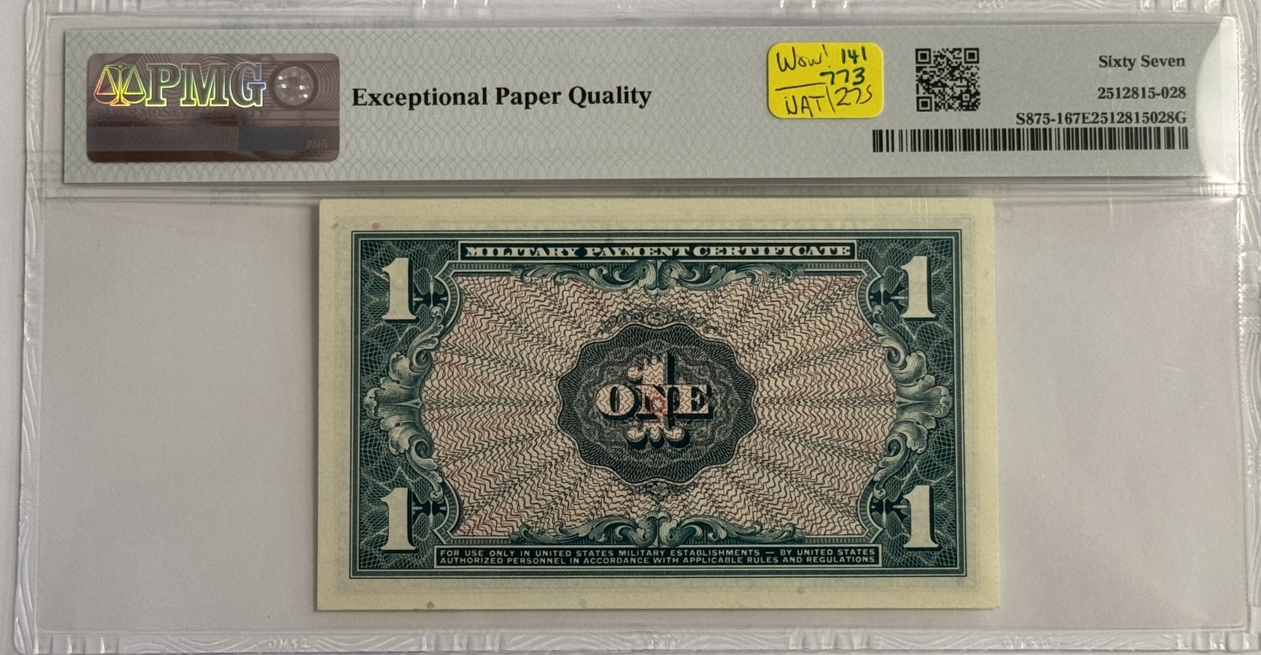Military Payment Certificates SERIES 611 $1 MPC MILITARY PAYMENT CERTIFICATE S875-1 PMG SUPERB GEM UNC 67 EPQ! Military Payment Certificates SERIES 611 $1 MPC MILITARY PAYMENT CERTIFICATE S875-1 PMG SUPERB GEM UNC 67 EPQ!