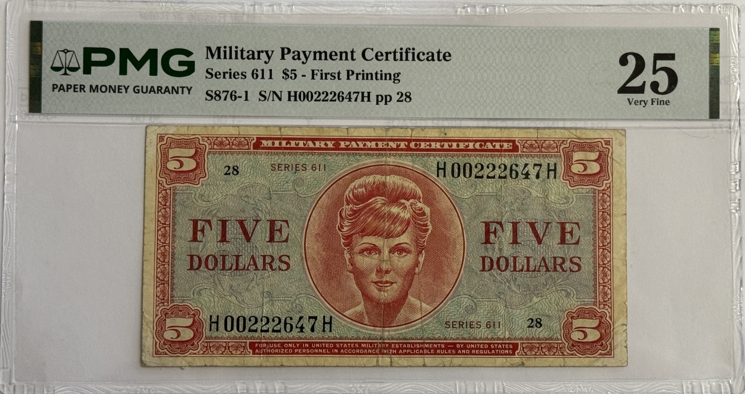 Military Payment Certificates SERIES 611 $5 MPC MILITARY PAYMENT CERT S876-1, PMG VF-25 SMALL TEARS BUT TOUGH! Military Payment Certificates SERIES 611 $5 MPC MILITARY PAYMENT CERT S876-1, PMG VF-25 SMALL TEARS BUT TOUGH!