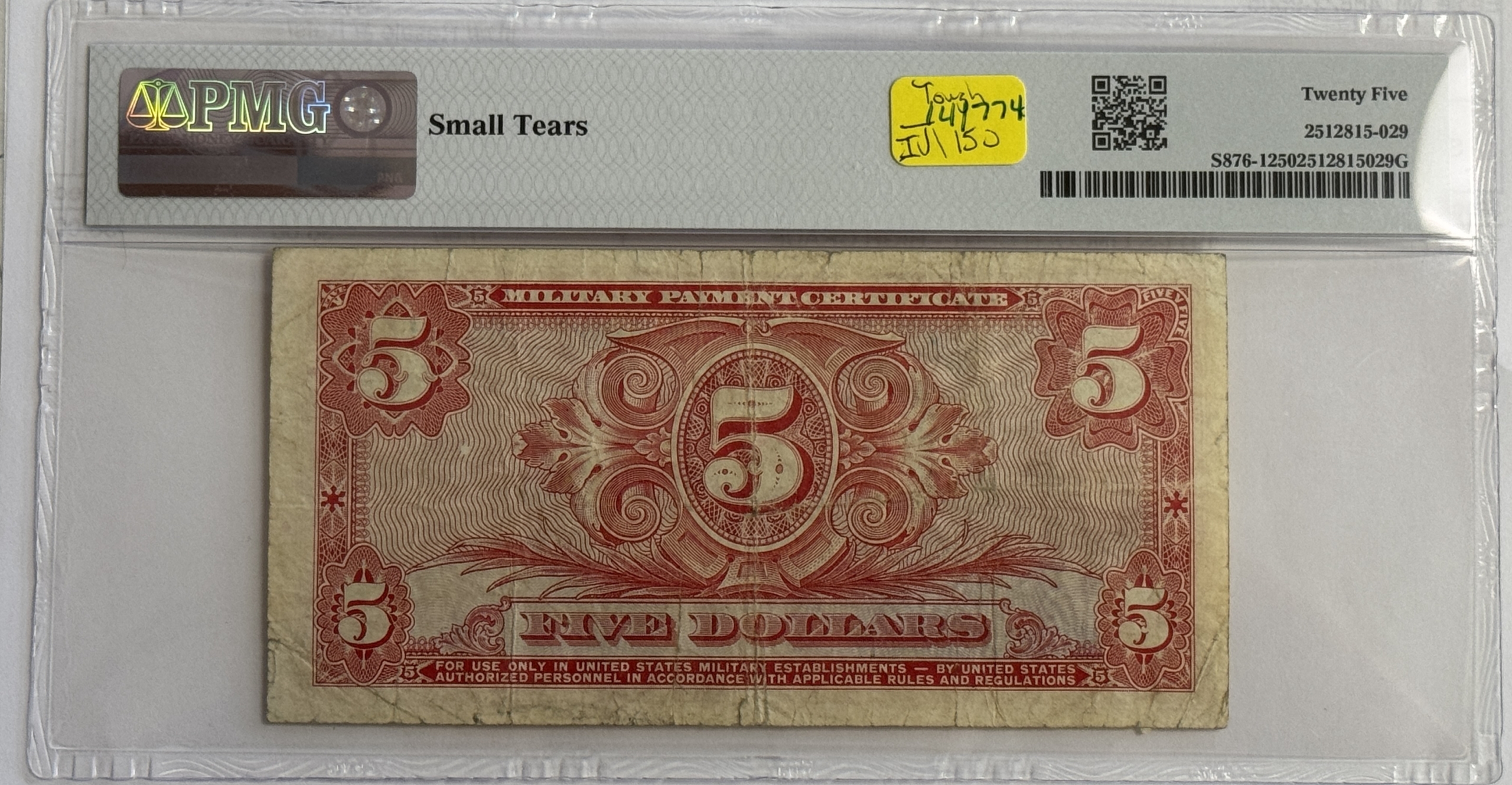 Military Payment Certificates SERIES 611 $5 MPC MILITARY PAYMENT CERT S876-1, PMG VF-25 SMALL TEARS BUT TOUGH! Military Payment Certificates SERIES 611 $5 MPC MILITARY PAYMENT CERT S876-1, PMG VF-25 SMALL TEARS BUT TOUGH!