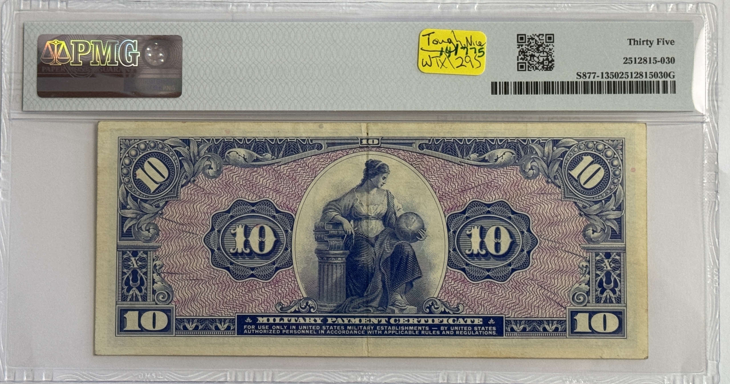 Military Payment Certificates SERIES 611 $10 MPC MILITARY PAYMENT CERT S877-1, PMG CHOICE VF-35, TOUGH, NICE! Military Payment Certificates SERIES 611 $10 MPC MILITARY PAYMENT CERT S877-1, PMG CHOICE VF-35, TOUGH, NICE!