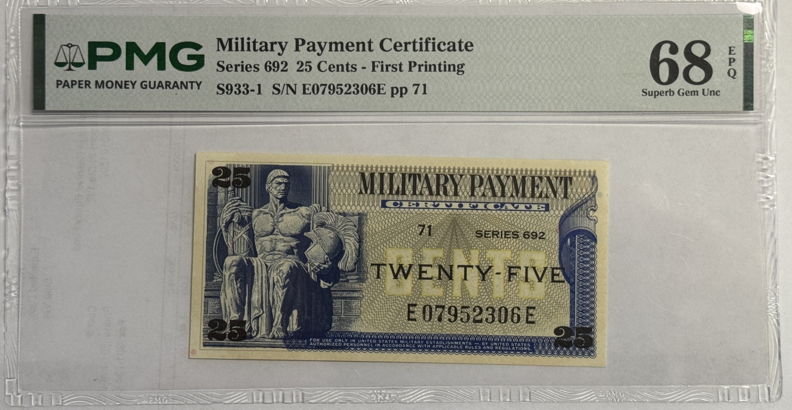 Military Payment Certificates SERIES 692 25 CENTS MPC MILITARY PAYMENT CERTIFICATE S933-1 PMG SUPERB GU 68 EPQ Military Payment Certificates SERIES 692 25 CENTS MPC MILITARY PAYMENT CERTIFICATE S933-1 PMG SUPERB GU 68 EPQ