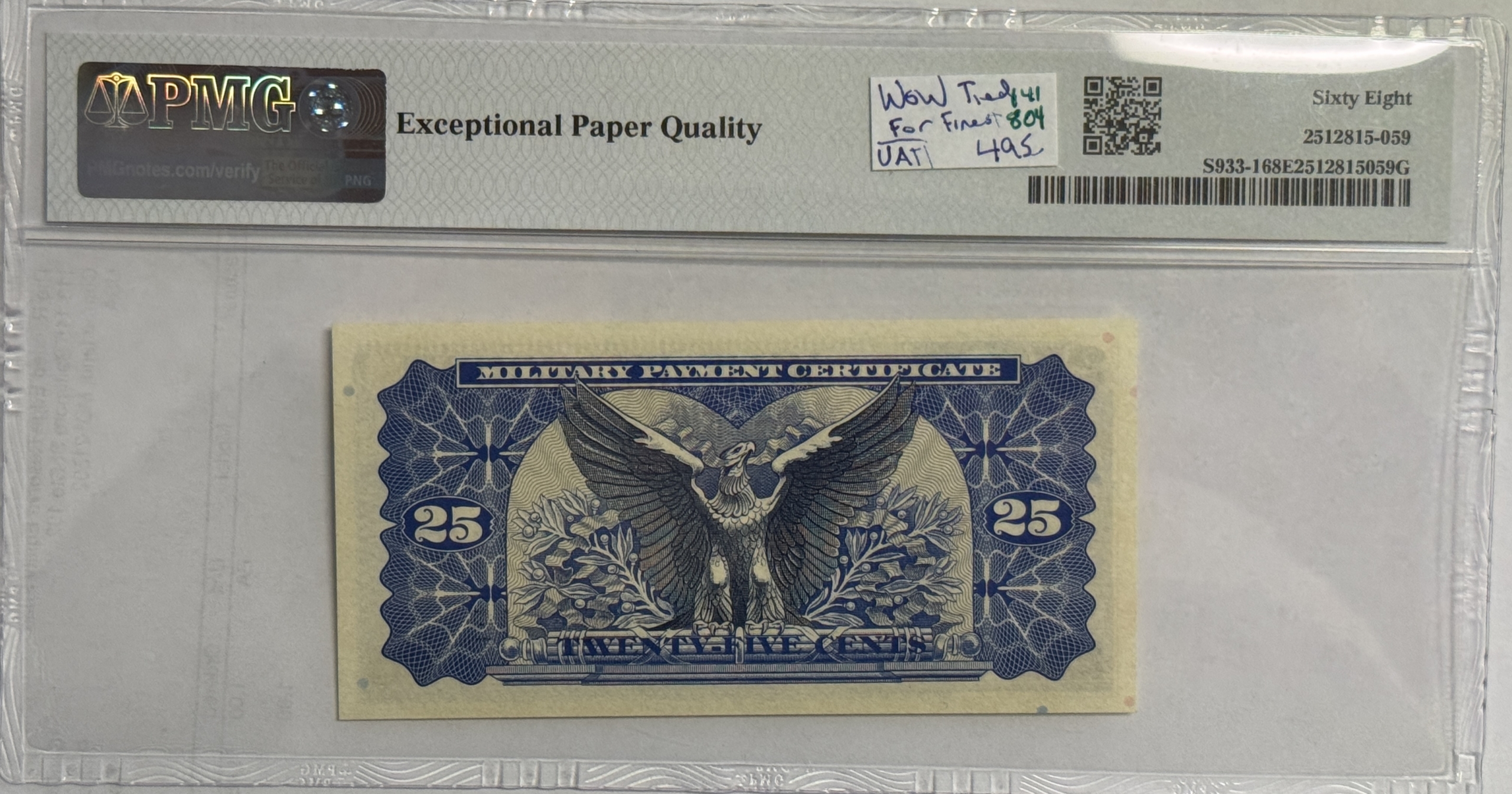 Military Payment Certificates SERIES 692 25 CENTS MPC MILITARY PAYMENT CERTIFICATE S933-1 PMG SUPERB GU 68 EPQ Military Payment Certificates SERIES 692 25 CENTS MPC MILITARY PAYMENT CERTIFICATE S933-1 PMG SUPERB GU 68 EPQ