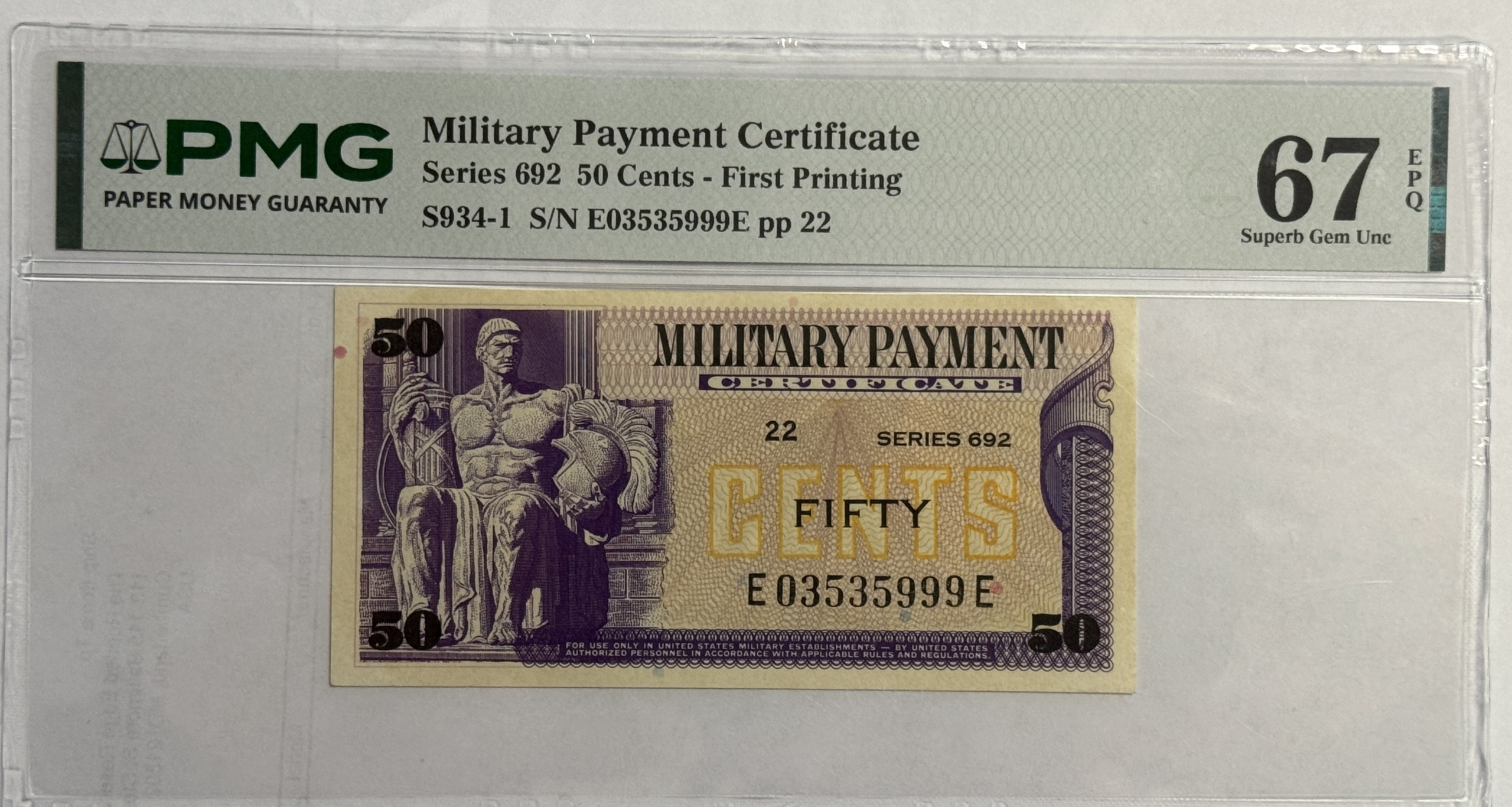 Military Payment Certificates SERIES 692 50 CENTS MPC MILITARY PAYMENT CERTIFICATE S934-1 PMG SUPERB GU 67 EPQ Military Payment Certificates SERIES 692 50 CENTS MPC MILITARY PAYMENT CERTIFICATE S934-1 PMG SUPERB GU 67 EPQ