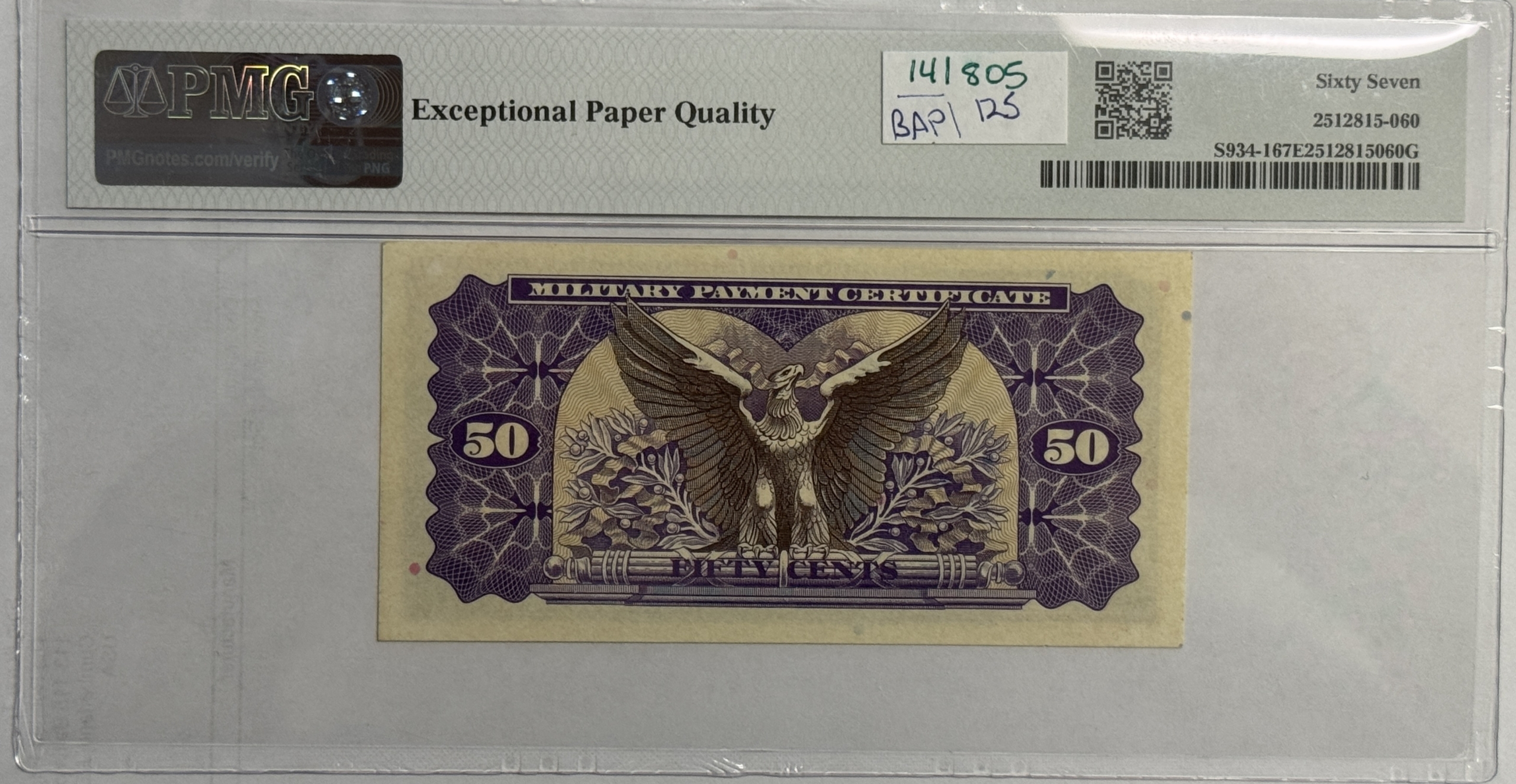 Military Payment Certificates SERIES 692 50 CENTS MPC MILITARY PAYMENT CERTIFICATE S934-1 PMG SUPERB GU 67 EPQ Military Payment Certificates SERIES 692 50 CENTS MPC MILITARY PAYMENT CERTIFICATE S934-1 PMG SUPERB GU 67 EPQ