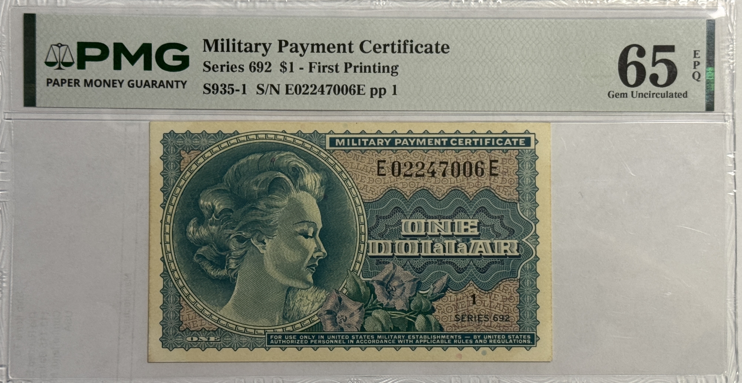 Military Payment Certificates SERIES 692 $1 MPC MILITARY PAYMENT CERTIFICATE S935-1 – PMG GEM UNC 65 EPQ BISON Military Payment Certificates SERIES 692 $1 MPC MILITARY PAYMENT CERTIFICATE S935-1 – PMG GEM UNC 65 EPQ BISON