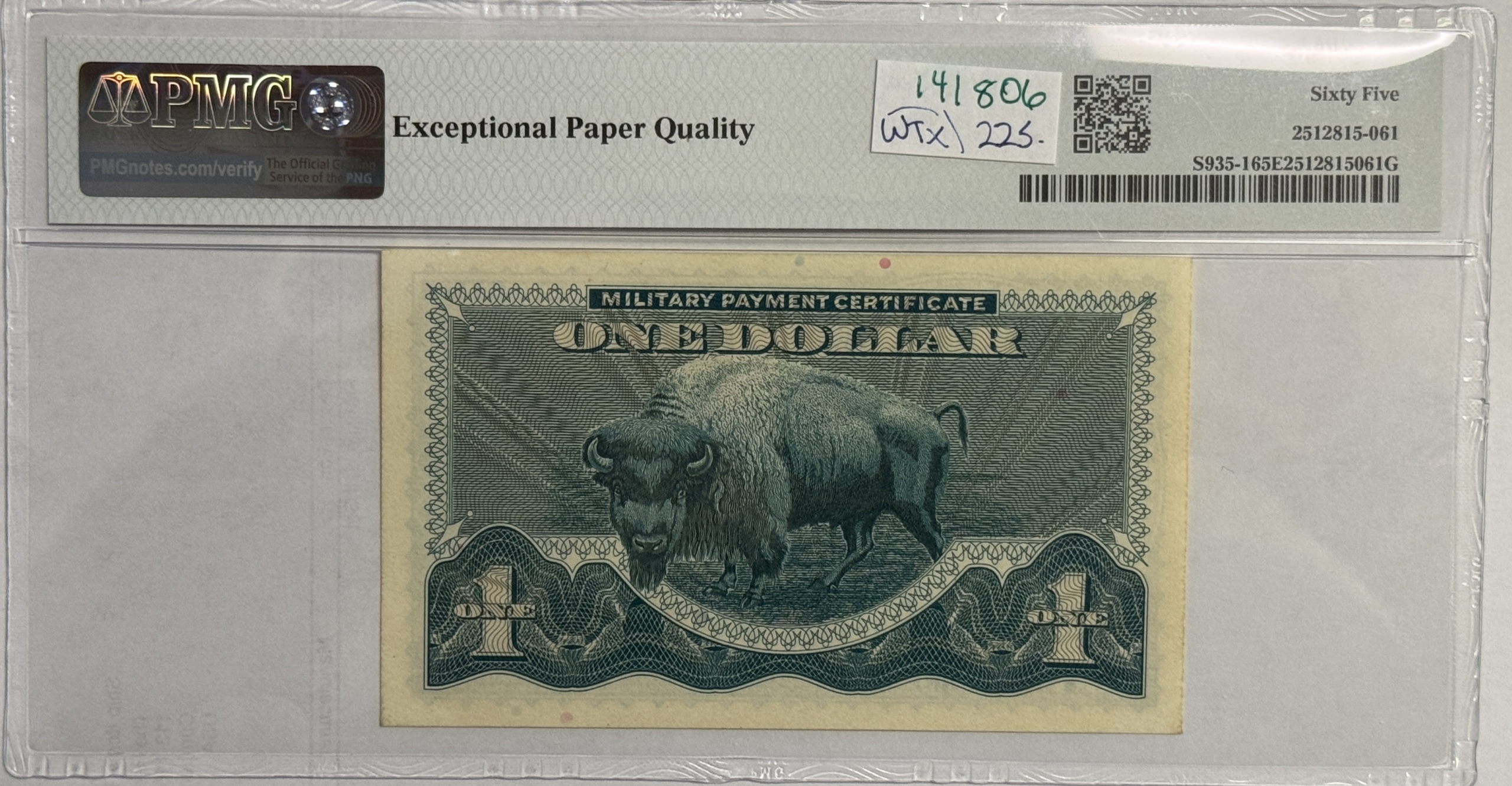 Military Payment Certificates SERIES 692 $1 MPC MILITARY PAYMENT CERTIFICATE S935-1 – PMG GEM UNC 65 EPQ BISON Military Payment Certificates SERIES 692 $1 MPC MILITARY PAYMENT CERTIFICATE S935-1 – PMG GEM UNC 65 EPQ BISON