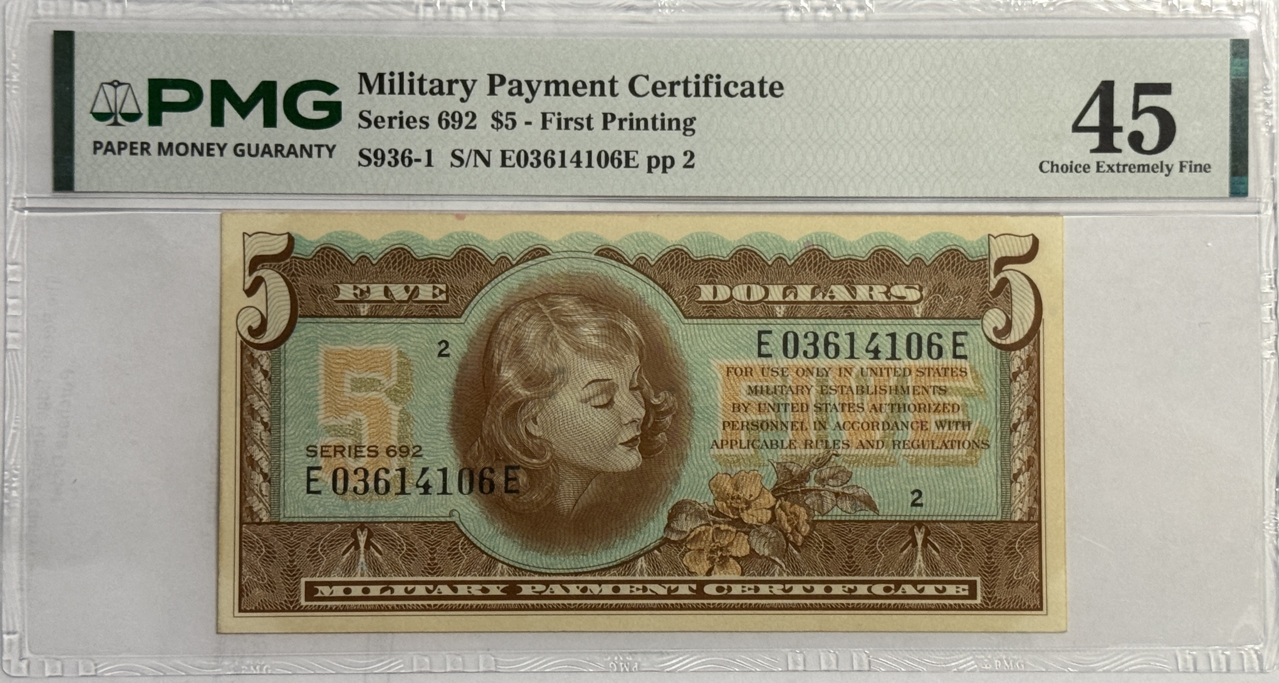 Military Payment Certificates SERIES 692 $5 MPC MILITARY PAYMENT CERTIFICATE S936-1 PMG CH XF-45 LOOKS BETTER! Military Payment Certificates SERIES 692 $5 MPC MILITARY PAYMENT CERTIFICATE S936-1 PMG CH XF-45 LOOKS BETTER!