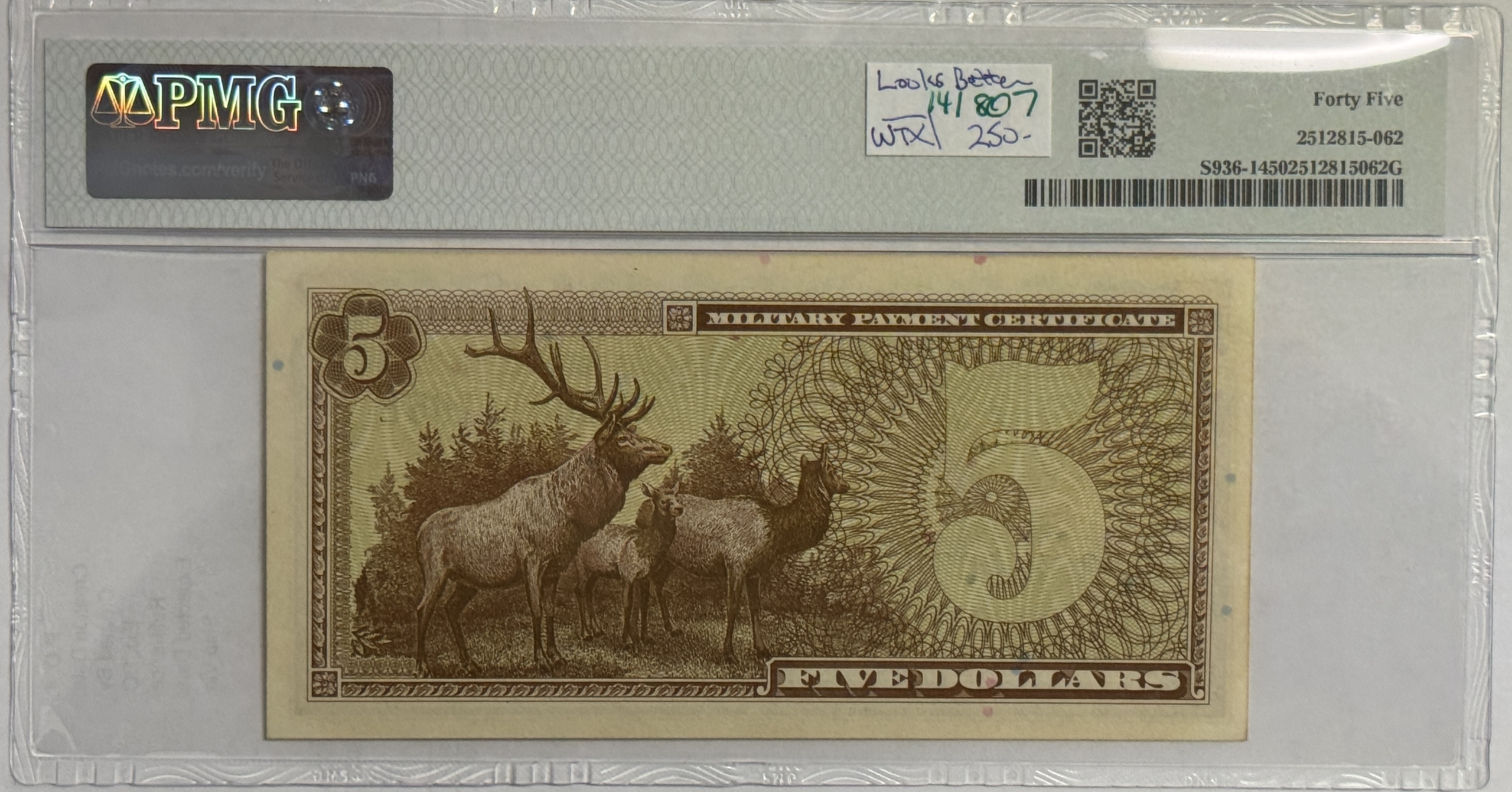 Military Payment Certificates SERIES 692 $5 MPC MILITARY PAYMENT CERTIFICATE S936-1 PMG CH XF-45 LOOKS BETTER! Military Payment Certificates SERIES 692 $5 MPC MILITARY PAYMENT CERTIFICATE S936-1 PMG CH XF-45 LOOKS BETTER!