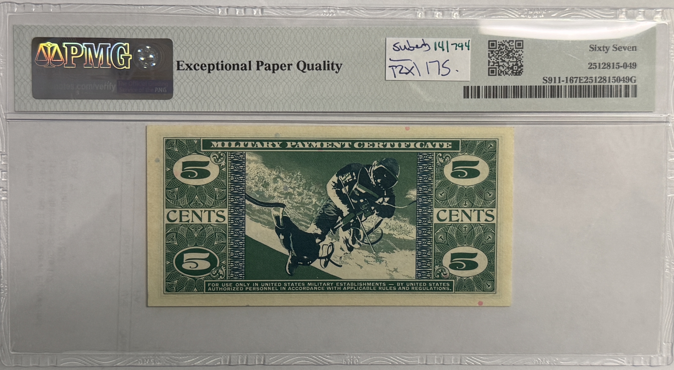 Military Payment Certificates SERIES 681 5 CENTS MPC MILITARY PAYMENT CERTIFICATE S911-1 PMG SUPERB GU-67 EPQ! Military Payment Certificates SERIES 681 5 CENTS MPC MILITARY PAYMENT CERTIFICATE S911-1 PMG SUPERB GU-67 EPQ!