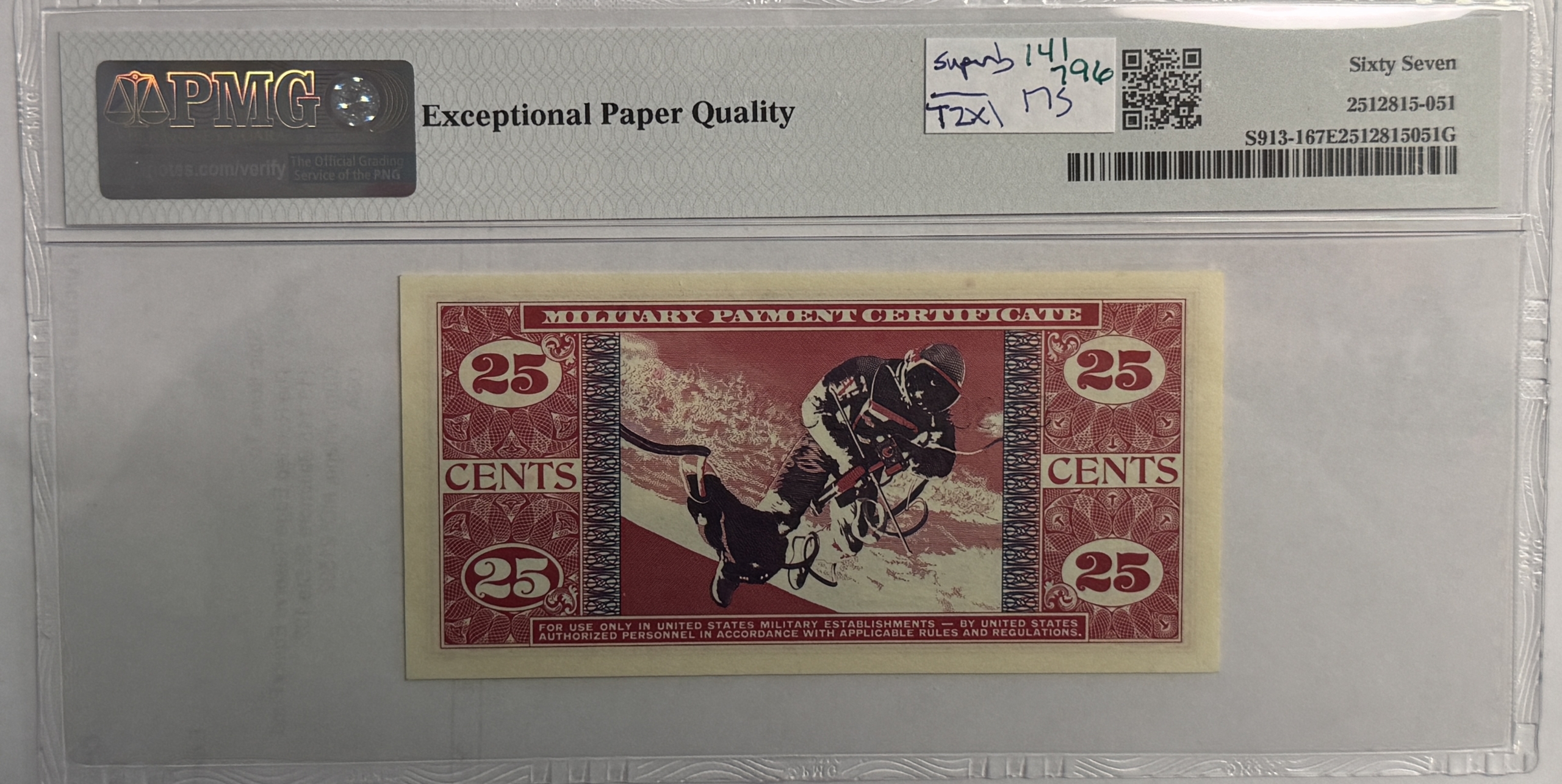 Military Payment Certificates SERIES 681 25 CENTS MPC MILITARY PAYMENT CERTIFICATE S913-1 PMG SUPERB GU-67 EPQ Military Payment Certificates SERIES 681 25 CENTS MPC MILITARY PAYMENT CERTIFICATE S913-1 PMG SUPERB GU-67 EPQ
