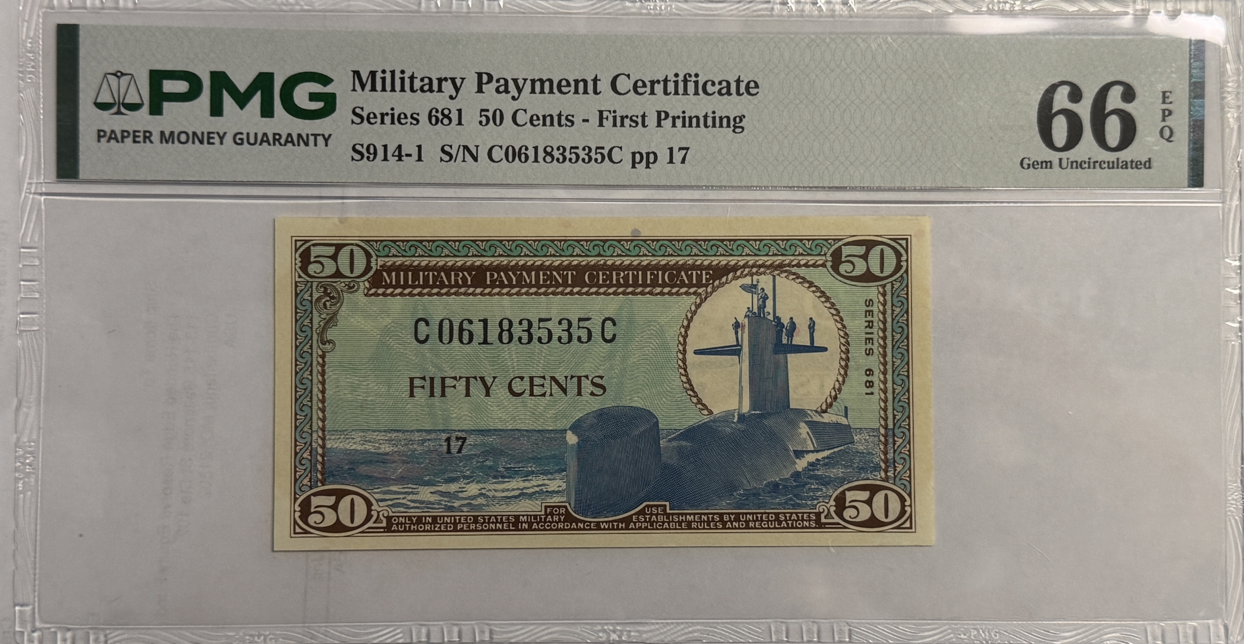 Military Payment Certificates SERIES 681 50 CENTS MPC MILITARY PAYMENT CERTIFICATE S914-1 – PMG GEM UNC-66 EPQ Military Payment Certificates SERIES 681 50 CENTS MPC MILITARY PAYMENT CERTIFICATE S914-1 – PMG GEM UNC-66 EPQ