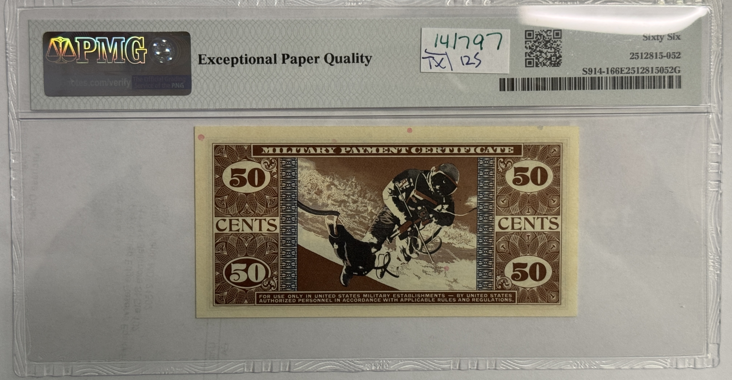Military Payment Certificates SERIES 681 50 CENTS MPC MILITARY PAYMENT CERTIFICATE S914-1 – PMG GEM UNC-66 EPQ Military Payment Certificates SERIES 681 50 CENTS MPC MILITARY PAYMENT CERTIFICATE S914-1 – PMG GEM UNC-66 EPQ