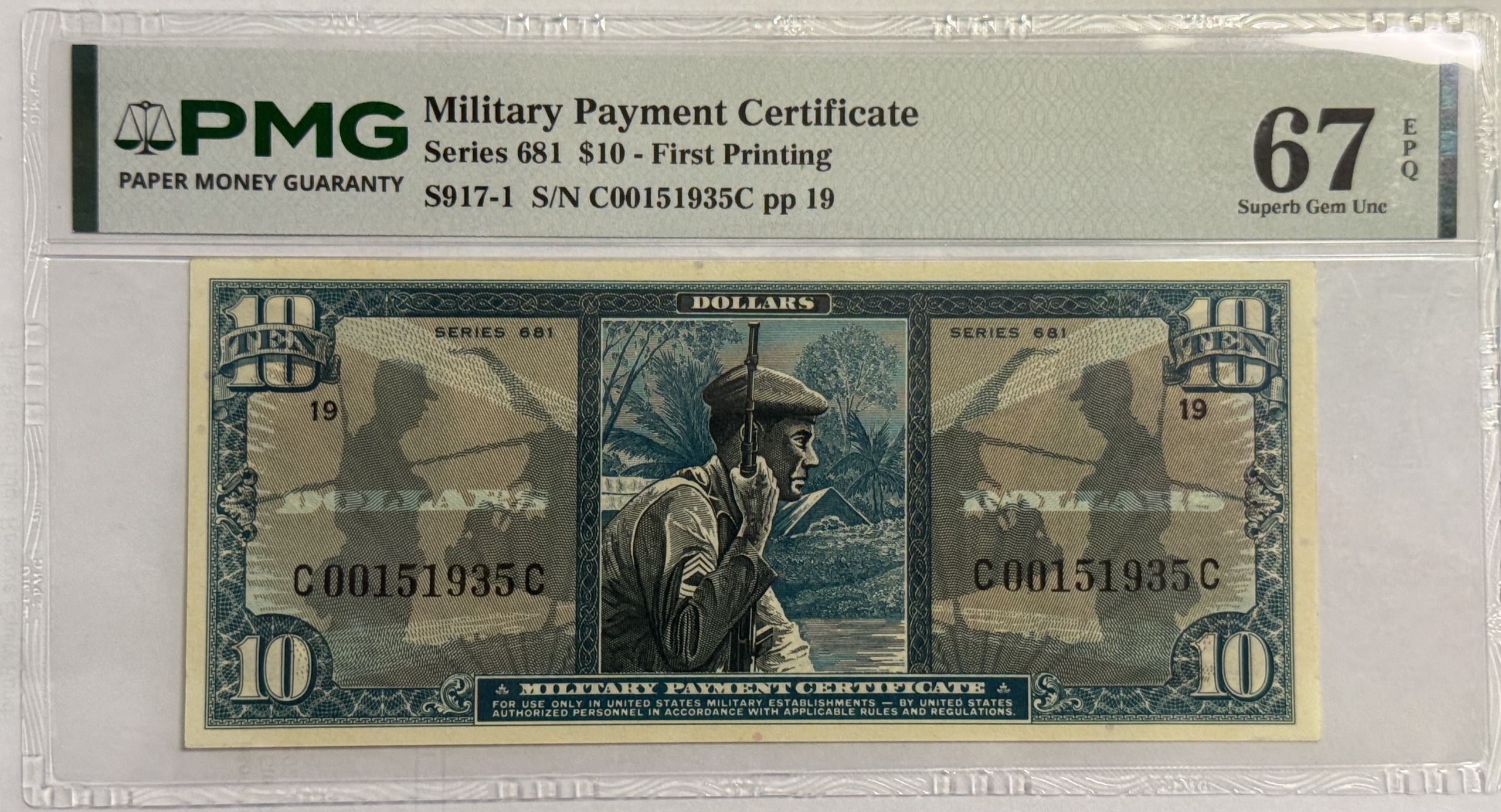 Military Payment Certificates SERIES 681 $10 MPC MILITARY PAYMENT CERT S917-1 PMG SUPERB GU-67 EPQ! STUNNING! Military Payment Certificates SERIES 681 $10 MPC MILITARY PAYMENT CERT S917-1 PMG SUPERB GU-67 EPQ! STUNNING!
