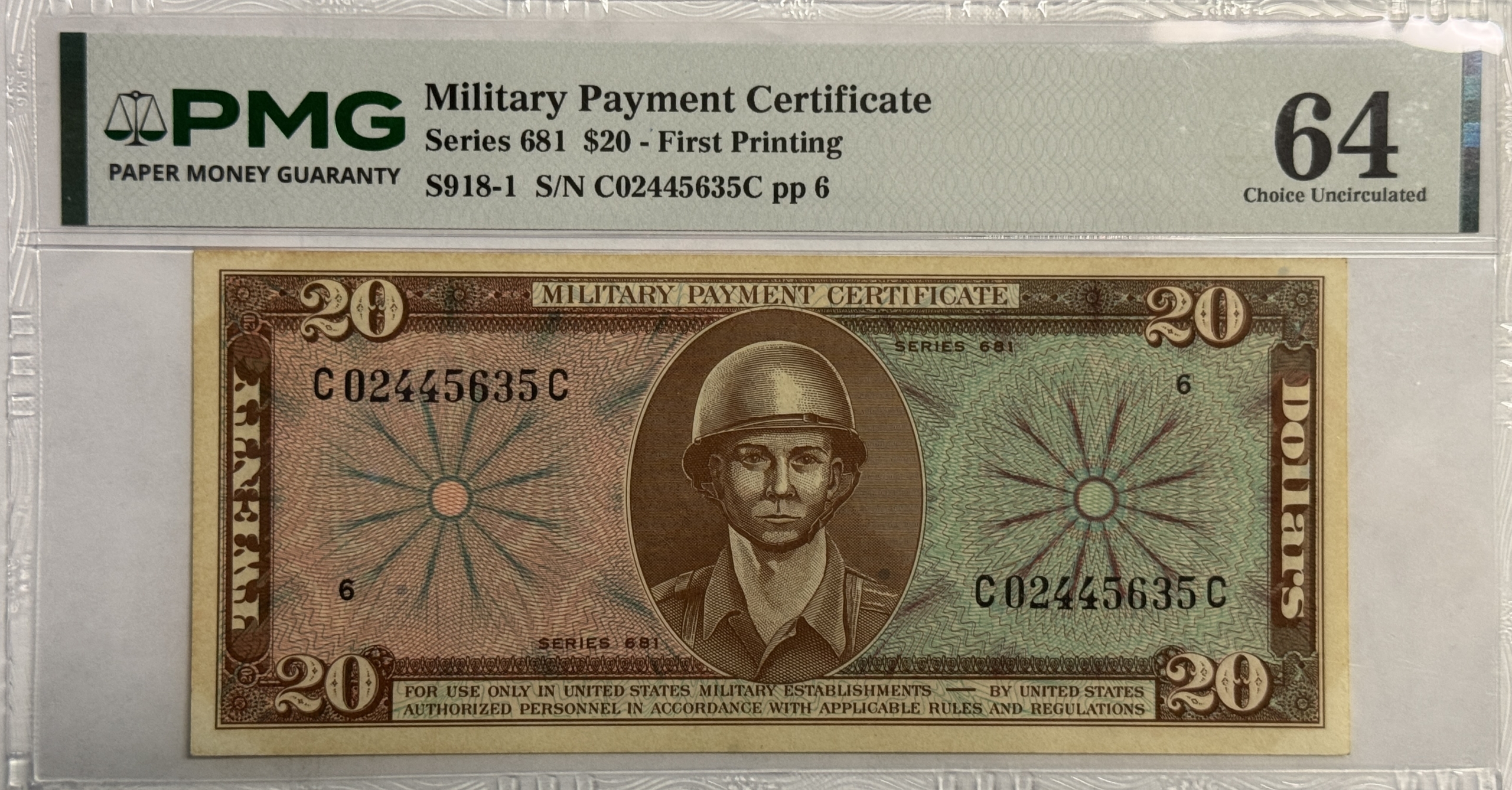 Military Payment Certificates SERIES 681 $20 MPC MILITARY PAYMENT CERTIFICATE S918-1 PMG CHOICE UNC 64 PRETTY! Military Payment Certificates SERIES 681 $20 MPC MILITARY PAYMENT CERTIFICATE S918-1 PMG CHOICE UNC 64 PRETTY!