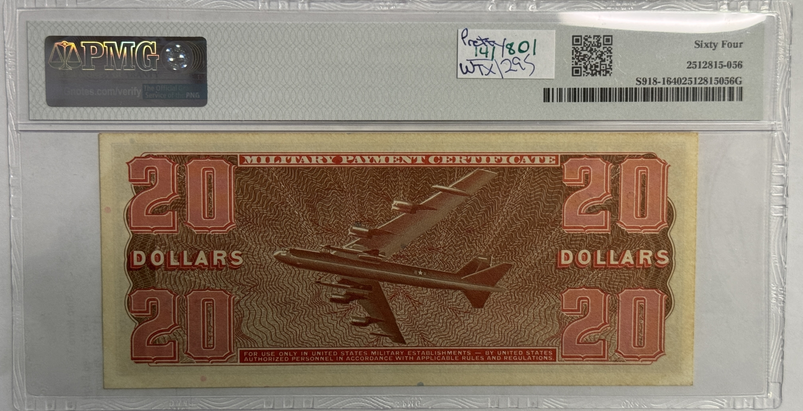 Military Payment Certificates SERIES 681 $20 MPC MILITARY PAYMENT CERTIFICATE S918-1 PMG CHOICE UNC 64 PRETTY! Military Payment Certificates SERIES 681 $20 MPC MILITARY PAYMENT CERTIFICATE S918-1 PMG CHOICE UNC 64 PRETTY!