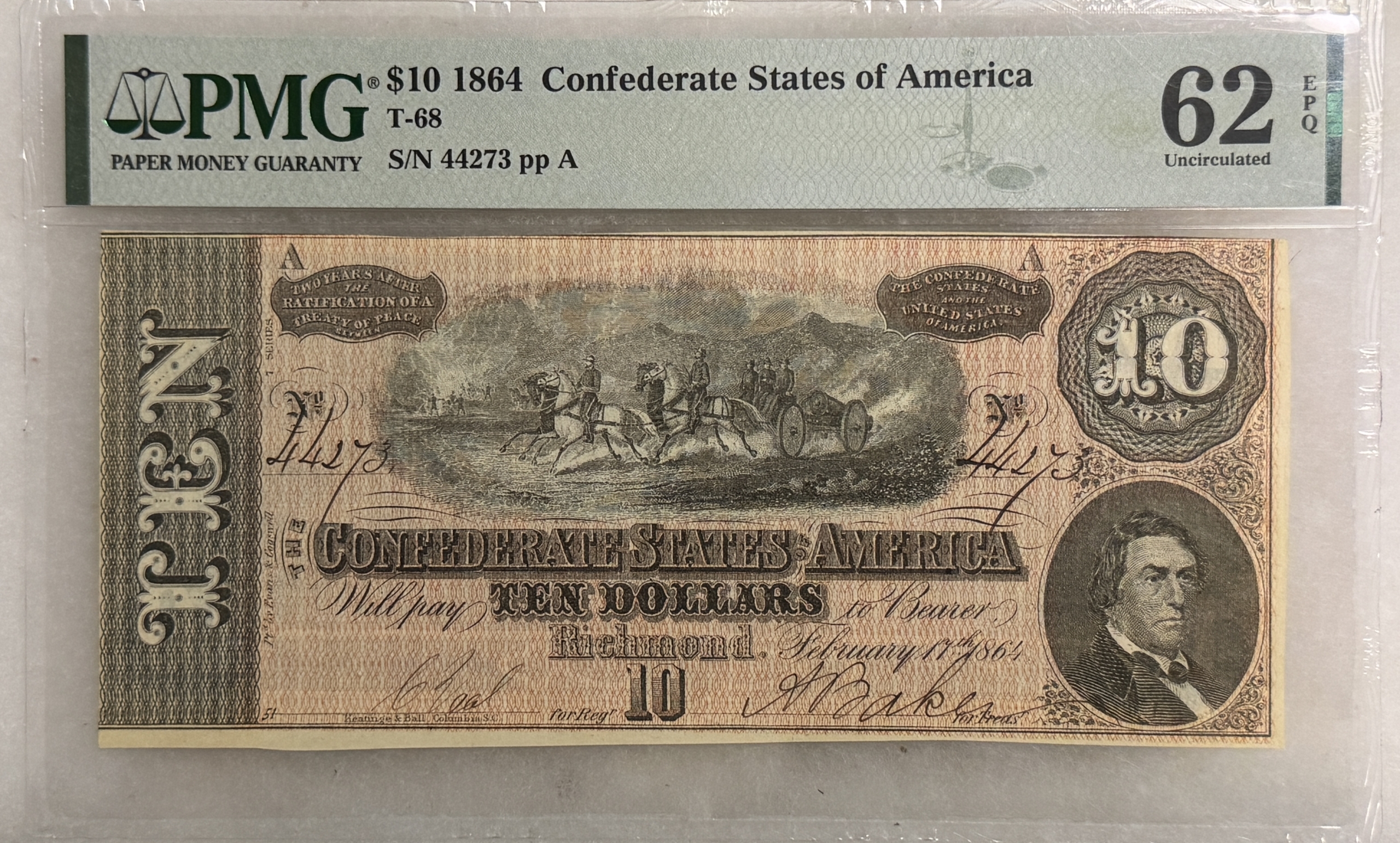 Confederate Notes 1864 $10 CONFEDERATE STATES OF AMERICA, T-68 – PMG UNC-62 EPQ! SUPER QUALITY! Confederate Notes 1864 $10 CONFEDERATE STATES OF AMERICA, T-68 – PMG UNC-62 EPQ! SUPER QUALITY!