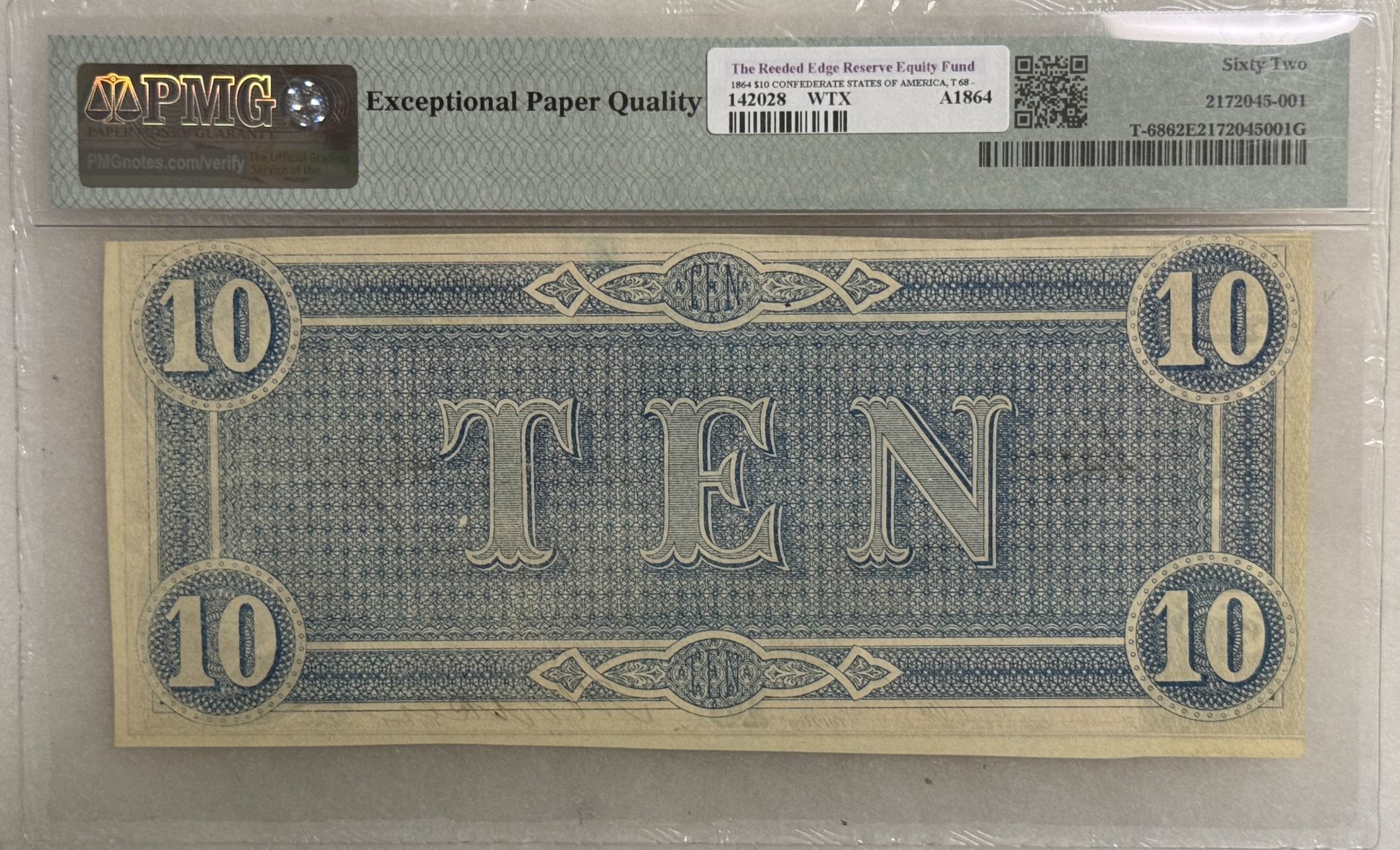 Confederate Notes 1864 $10 CONFEDERATE STATES OF AMERICA, T-68 – PMG UNC-62 EPQ! SUPER QUALITY! Confederate Notes 1864 $10 CONFEDERATE STATES OF AMERICA, T-68 – PMG UNC-62 EPQ! SUPER QUALITY!
