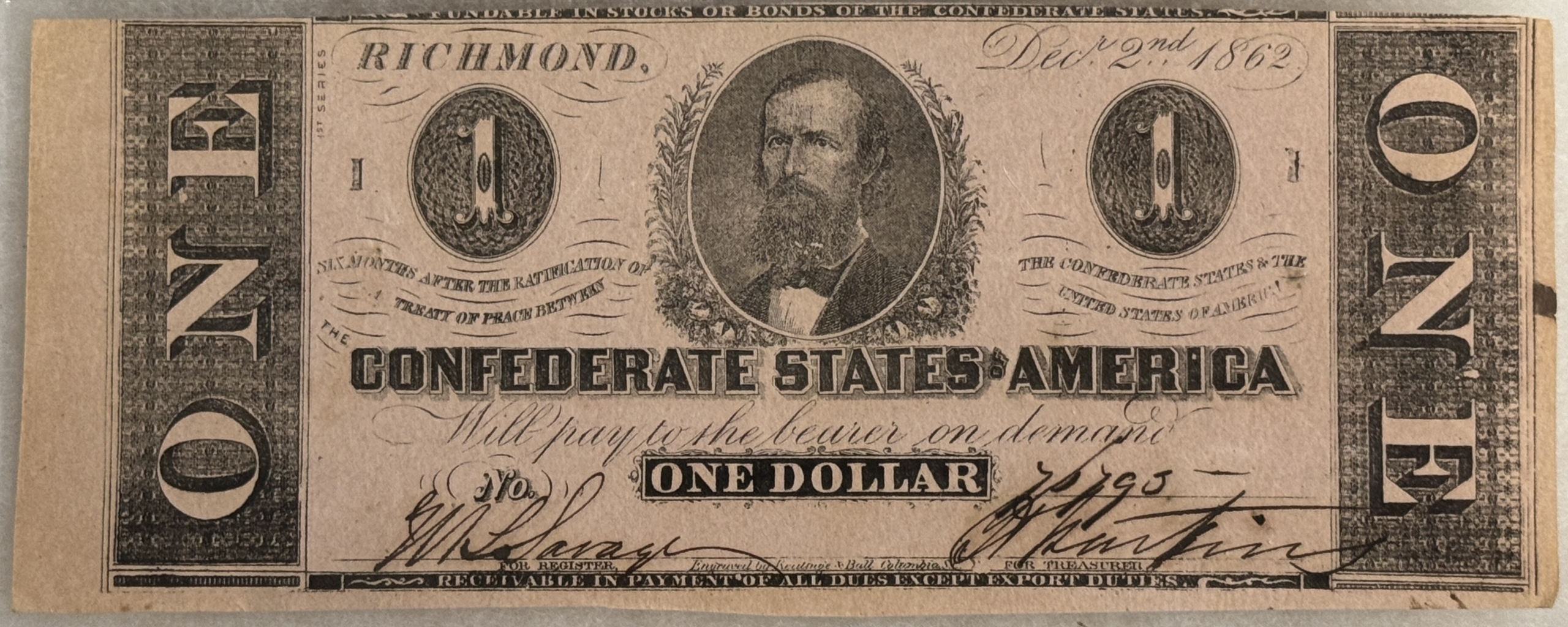 Confederate Notes 1862 $1 CONFEDERATE STATES OF AMERICA DOLLAR, T-55 – PMG AU-55, TOUGHER Confederate Notes 1862 $1 CONFEDERATE STATES OF AMERICA DOLLAR, T-55 – PMG AU-55, TOUGHER