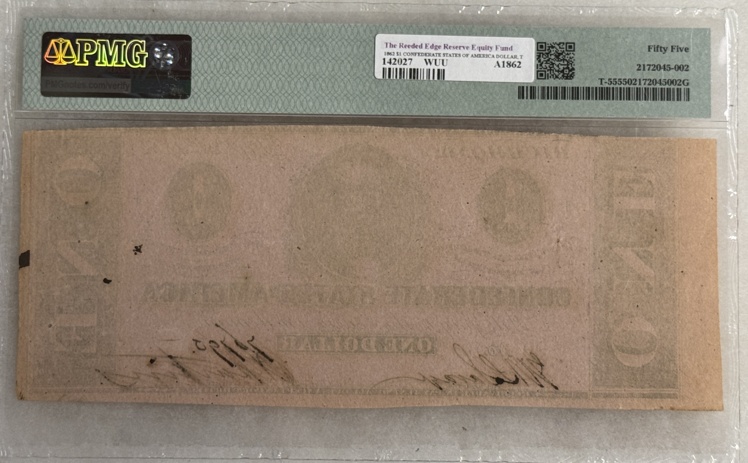 Confederate Notes 1862 $1 CONFEDERATE STATES OF AMERICA DOLLAR, T-55 – PMG AU-55, TOUGHER Confederate Notes 1862 $1 CONFEDERATE STATES OF AMERICA DOLLAR, T-55 – PMG AU-55, TOUGHER