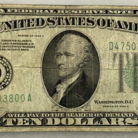 Small Federal Reserve Notes 1934-A $10 FEDERAL RESERVE NOTE D-CLEVELAND, FR#2006D – FINE+