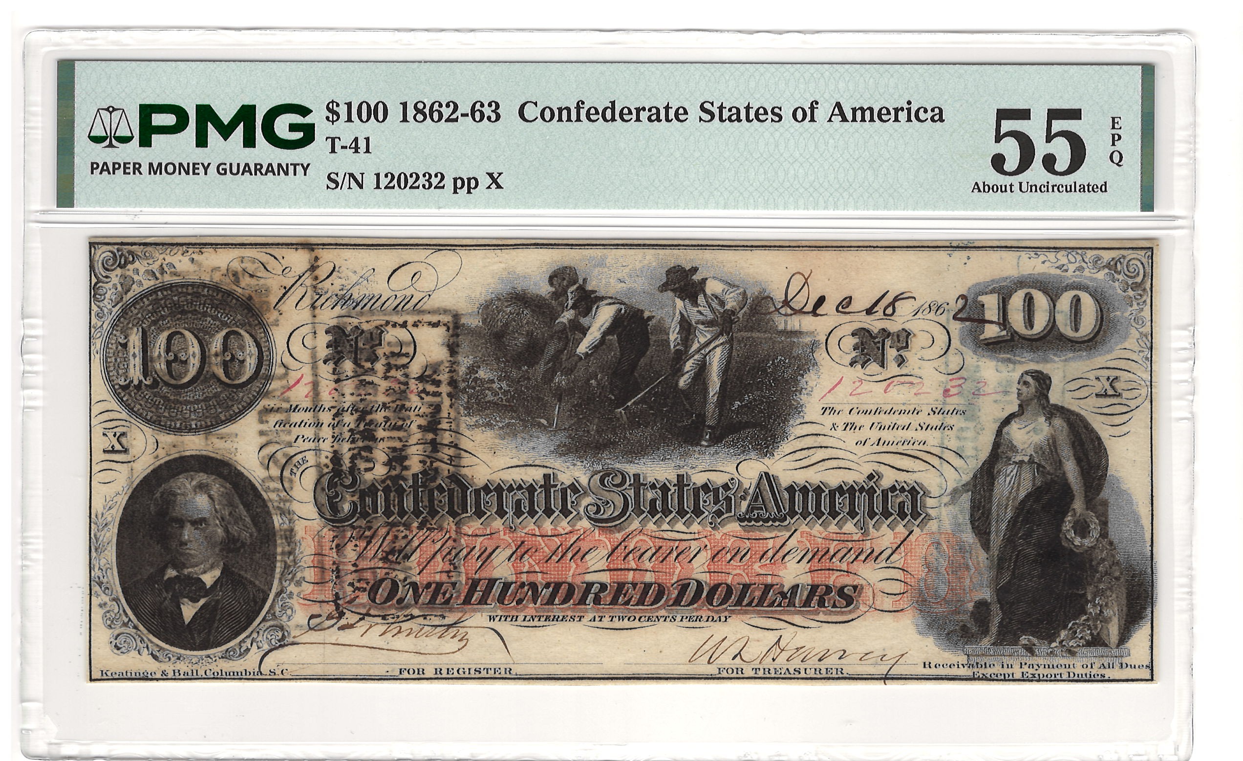Confederate Notes 1862-63 $100 CONFEDERATE STATES OF AMERICA, T-41, PMG CH-55 EPQ, PRETTY COLOR! Confederate Notes 1862-63 $100 CONFEDERATE STATES OF AMERICA, T-41, PMG CH-55 EPQ, PRETTY COLOR!