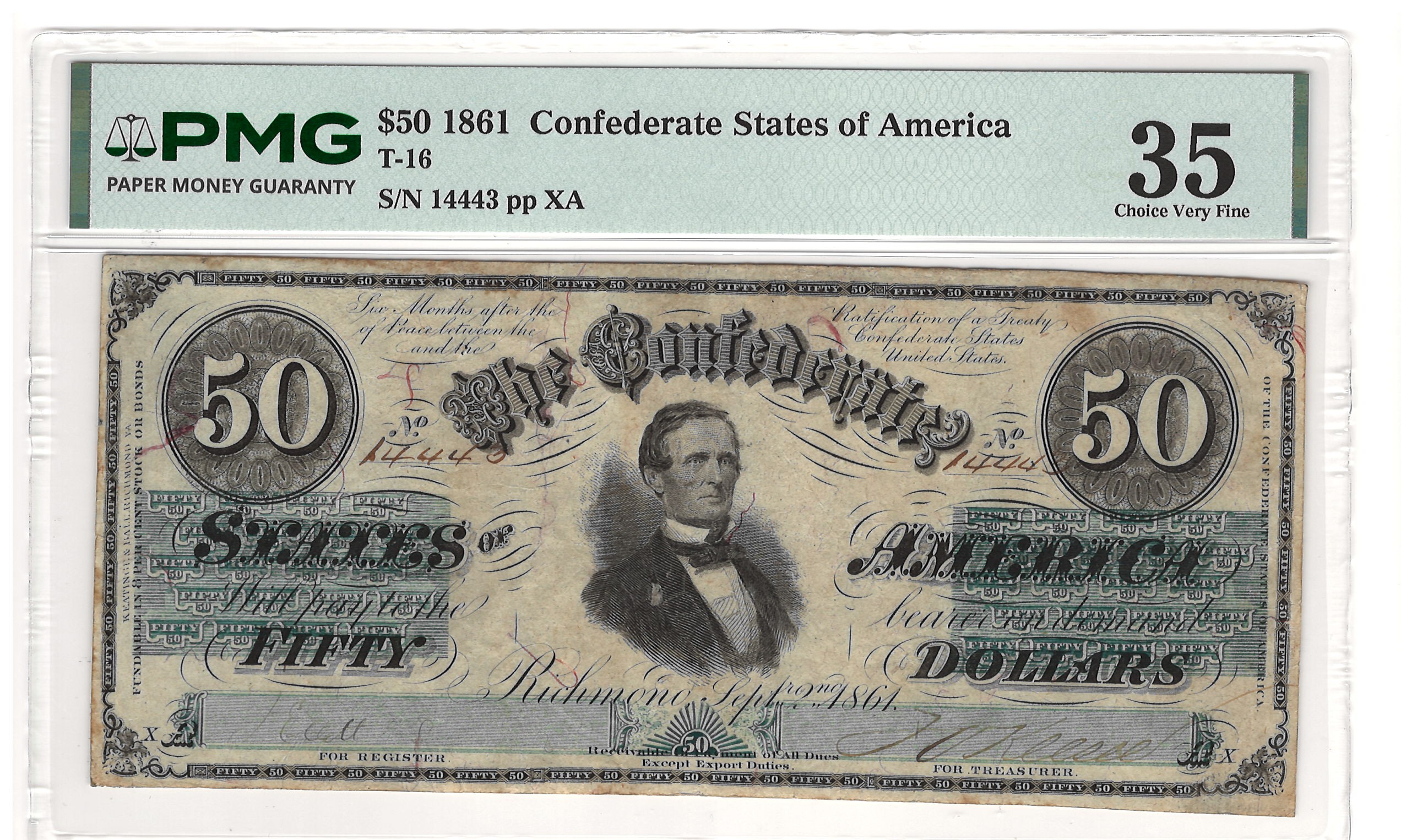 Confederate Notes 1861 $50 CONFEDERATE STATES OF AMERICA T-16, PMG CHOICE VF-35, FOREIGN SUBSTANCE Confederate Notes 1861 $50 CONFEDERATE STATES OF AMERICA T-16, PMG CHOICE VF-35, FOREIGN SUBSTANCE