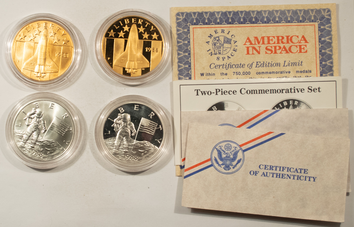 Modern Commems 1988 US MINT AMERICA IN SPACE 4 PC SET, 2 SILVER 2 BRONZE 1.5468 ASW-GEM W/OGP! Modern Commems 1988 US MINT AMERICA IN SPACE 4 PC SET, 2 SILVER 2 BRONZE 1.5468 ASW-GEM W/OGP!