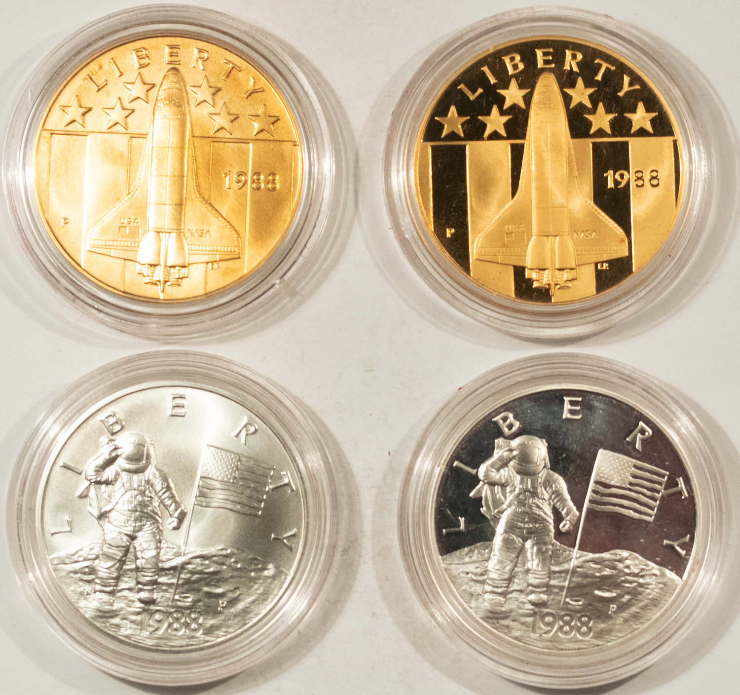 Modern Commems 1988 US MINT AMERICA IN SPACE 4 PC SET, 2 SILVER 2 BRONZE 1.5468 ASW-GEM W/OGP! Modern Commems 1988 US MINT AMERICA IN SPACE 4 PC SET, 2 SILVER 2 BRONZE 1.5468 ASW-GEM W/OGP!