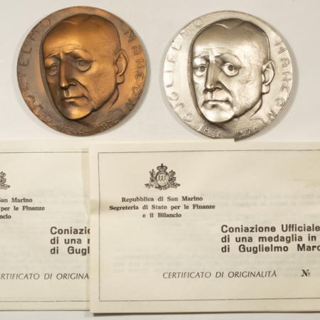 Exonumia 1974 SAN MARINO 2 MEDAL SET 100TH ANN MARCONI BIRTH,131.5 GRAMS .800 SILVER, GEM