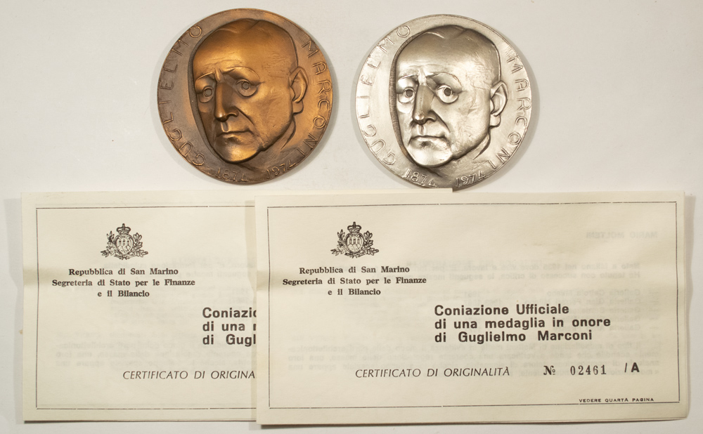 Exonumia 1974 SAN MARINO 2 MEDAL SET 100TH ANN MARCONI BIRTH,131.5 GRAMS .800 SILVER, GEM Exonumia 1974 SAN MARINO 2 MEDAL SET 100TH ANN MARCONI BIRTH,131.5 GRAMS .800 SILVER, GEM