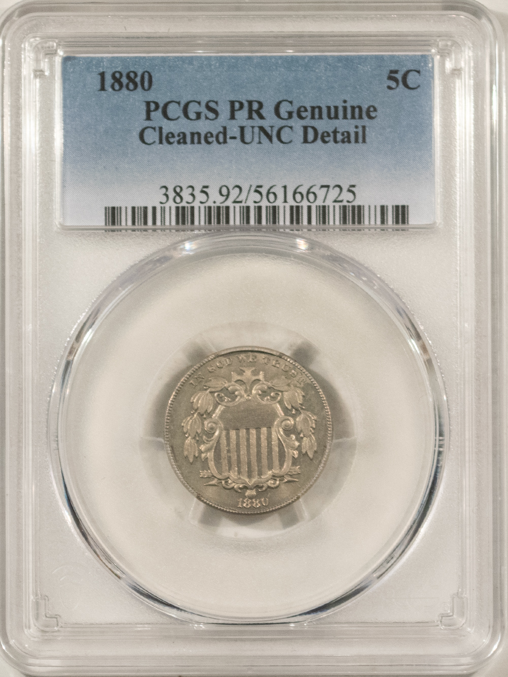 New Certified Coins 1880 PROOF SHIELD NICKEL – PCGS PROOF GENUINE UNC DETAILS, CLEANED! SCARCE PROOF New Certified Coins 1880 PROOF SHIELD NICKEL – PCGS PROOF GENUINE UNC DETAILS, CLEANED! SCARCE PROOF