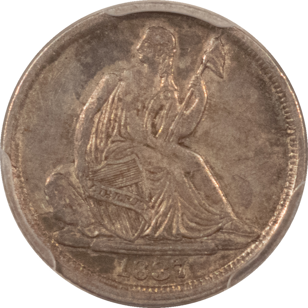 Half Dimes 1837 SEATED LIBERTY HALF DIME, LARGE DATE – PCGS AU-50, FIRST YEAR! Half Dimes 1837 SEATED LIBERTY HALF DIME, LARGE DATE – PCGS AU-50, FIRST YEAR!