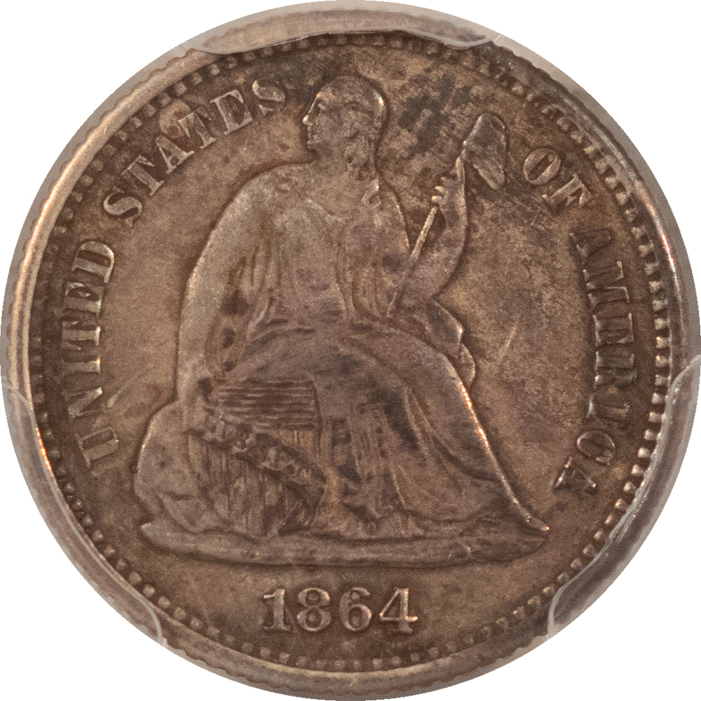 Half Dimes 1864 SEATED LIBERTY HALF DIME PCGS GENUINE AU DET, STAINED, RARE CIVIL WAR DATE Half Dimes 1864 SEATED LIBERTY HALF DIME PCGS GENUINE AU DET, STAINED, RARE CIVIL WAR DATE