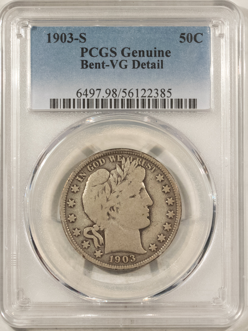 Barber Halves 1903-S BARBER HALF DOLLAR – PCGS GENUINE BENT VG DETAILS! Barber Halves 1903-S BARBER HALF DOLLAR – PCGS GENUINE BENT VG DETAILS!