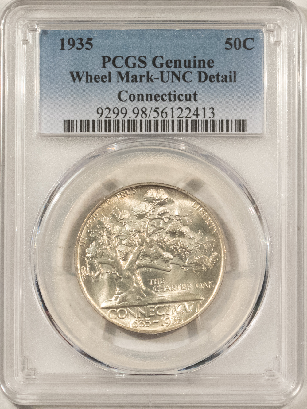 Early Commems 1935 CONNECTICUT COMMEMORATIVE HALF DOLLAR – PCGS GENUINE UNC DETAILS, DAMAGE! Early Commems 1935 CONNECTICUT COMMEMORATIVE HALF DOLLAR – PCGS GENUINE UNC DETAILS, DAMAGE!