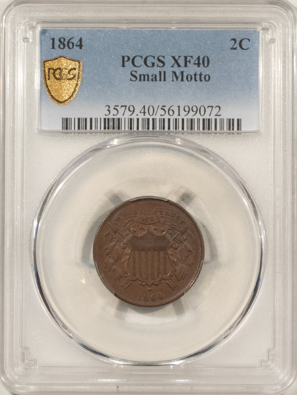 New Certified Coins 1864 TWO CENT PIECE, SMALL MOTTO – PCGS XF-40, KEY-DATE! New Certified Coins 1864 TWO CENT PIECE, SMALL MOTTO – PCGS XF-40, KEY-DATE!