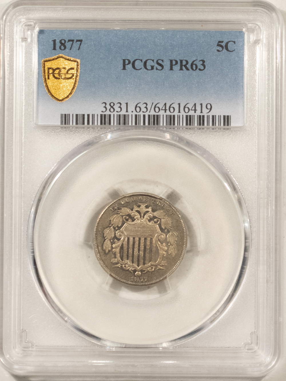 New Certified Coins 1877 PROOF SHIELD NICKEL – PCGS PR-63, CHOICE PROOF ONLY DATE & TOUGH! New Certified Coins 1877 PROOF SHIELD NICKEL – PCGS PR-63, CHOICE PROOF ONLY DATE & TOUGH!