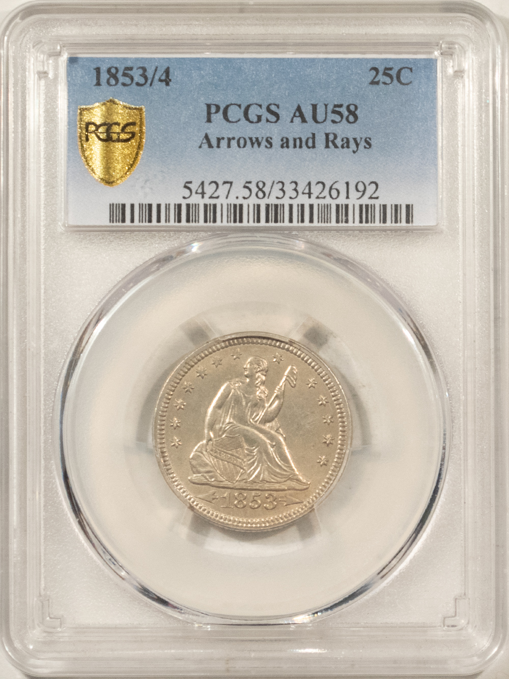 Liberty Seated Quarters 1853/4 ARROWS & RAYS LIBERTY SEATED QUARTER – PCGS AU-58, REALLY TOUGH! Liberty Seated Quarters 1853/4 ARROWS & RAYS LIBERTY SEATED QUARTER – PCGS AU-58, REALLY TOUGH!