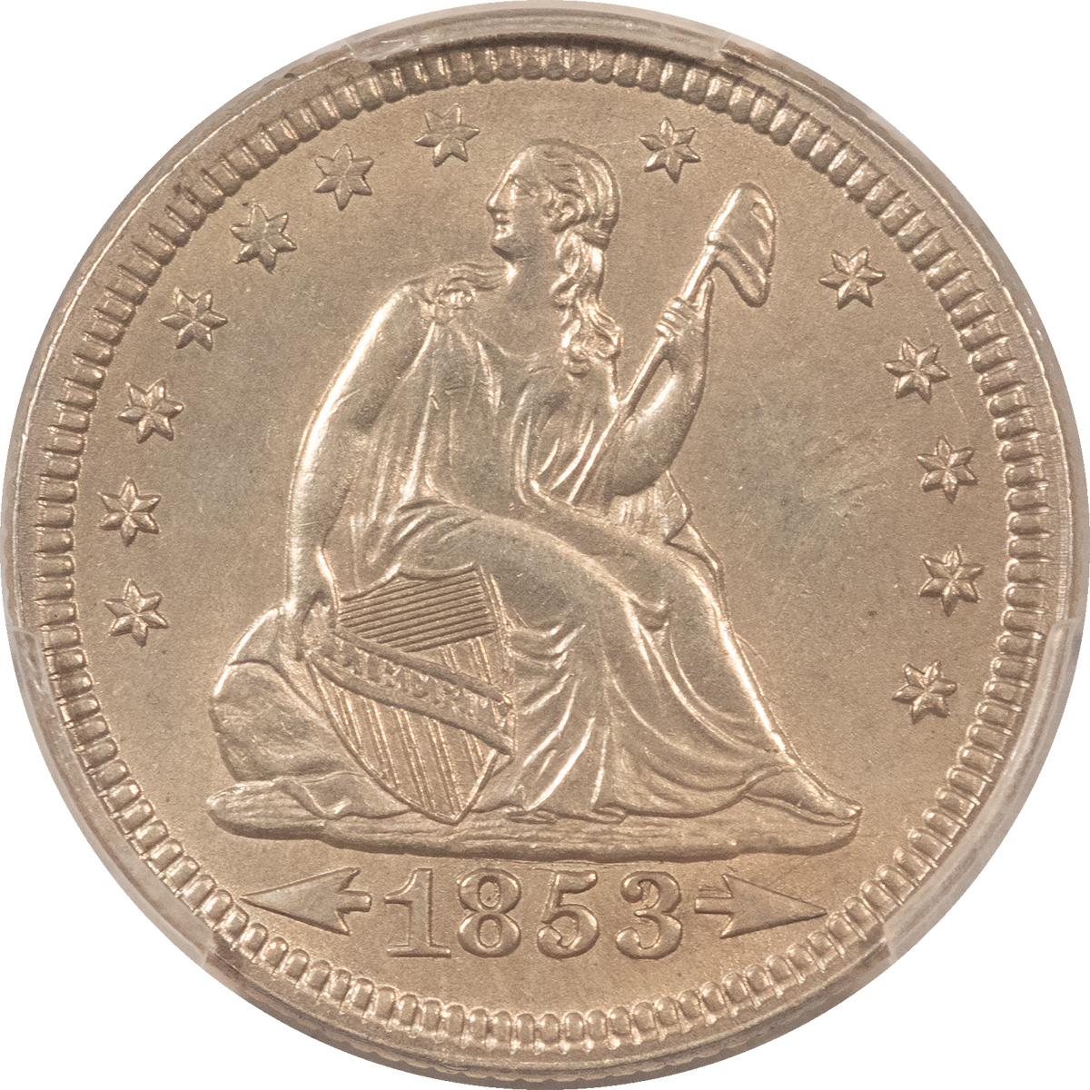 Liberty Seated Quarters 1853/4 ARROWS & RAYS LIBERTY SEATED QUARTER – PCGS AU-58, REALLY TOUGH! Liberty Seated Quarters 1853/4 ARROWS & RAYS LIBERTY SEATED QUARTER – PCGS AU-58, REALLY TOUGH!
