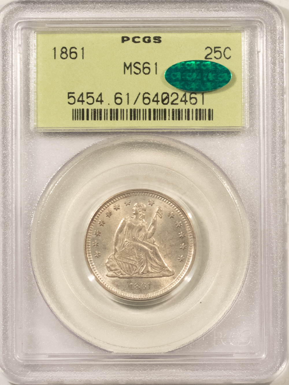 CAC Approved Coins 1861 SEATED LIBERTY QUARTER – PCGS MS-61 CAC OLD GREEN HOLDER, PQ CIVIL WAR DATE CAC Approved Coins 1861 SEATED LIBERTY QUARTER – PCGS MS-61 CAC OLD GREEN HOLDER, PQ CIVIL WAR DATE