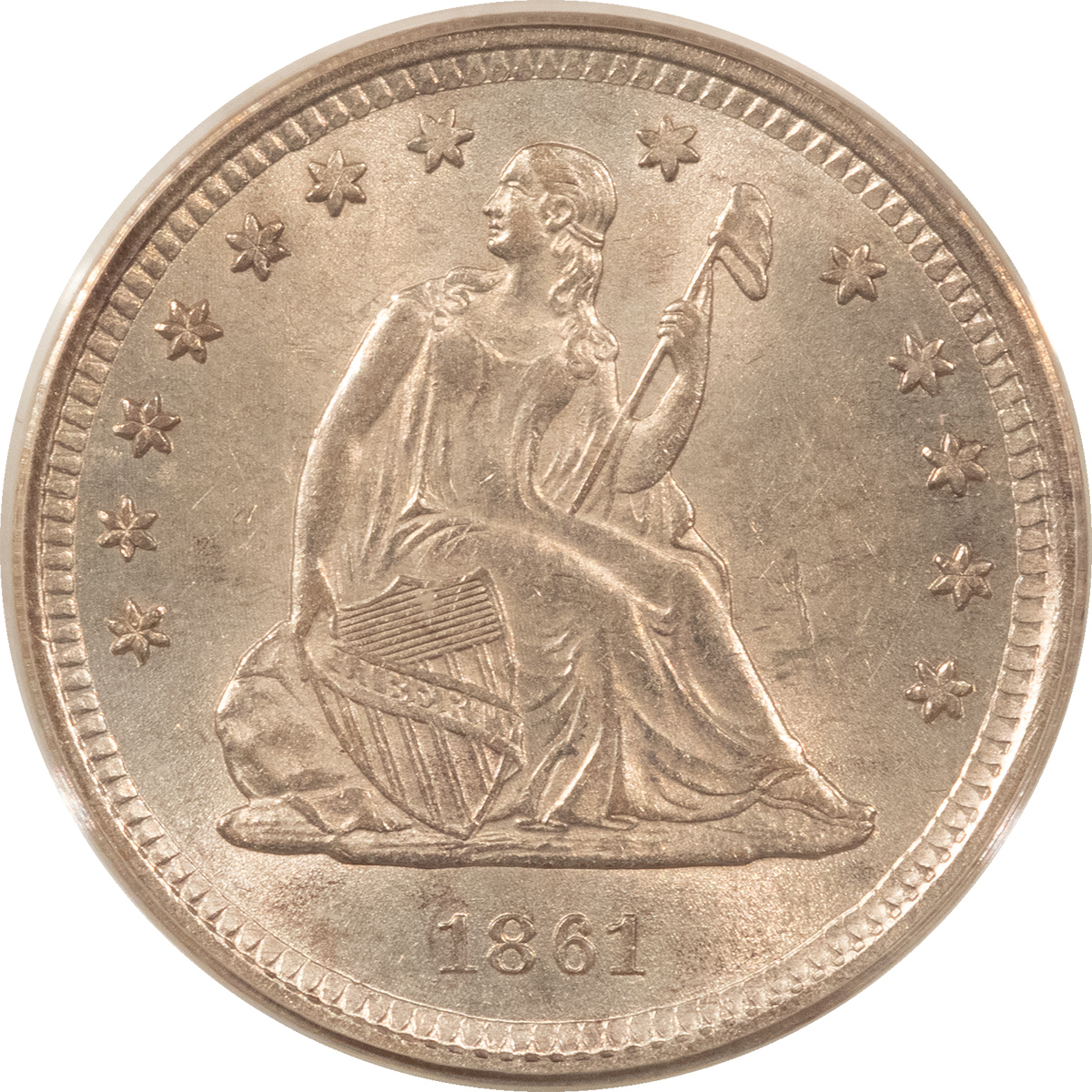 CAC Approved Coins 1861 SEATED LIBERTY QUARTER – PCGS MS-61 CAC OLD GREEN HOLDER, PQ CIVIL WAR DATE CAC Approved Coins 1861 SEATED LIBERTY QUARTER – PCGS MS-61 CAC OLD GREEN HOLDER, PQ CIVIL WAR DATE