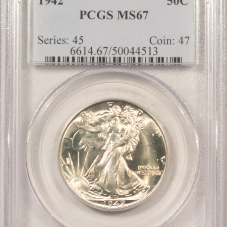 Half Dollars 1942 WALKING LIBERTY HALF DOLLAR – PCGS MS-67, FLASHY SUPERB GEM!