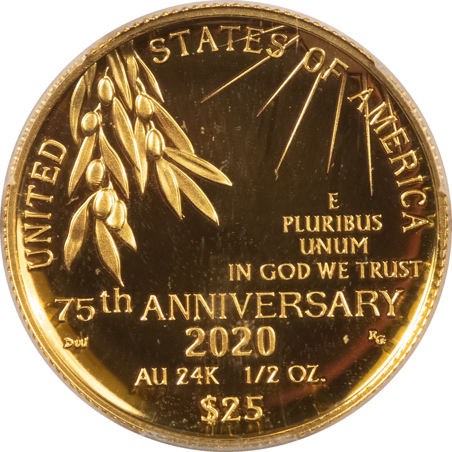 Bullion 2020-W V75 PROOF $25 GOLD END OF WORLD WAR 2 75TH ANN PCGS PR-69 DCAM FIRST DAY Bullion 2020-W V75 PROOF $25 GOLD END OF WORLD WAR 2 75TH ANN PCGS PR-69 DCAM FIRST DAY