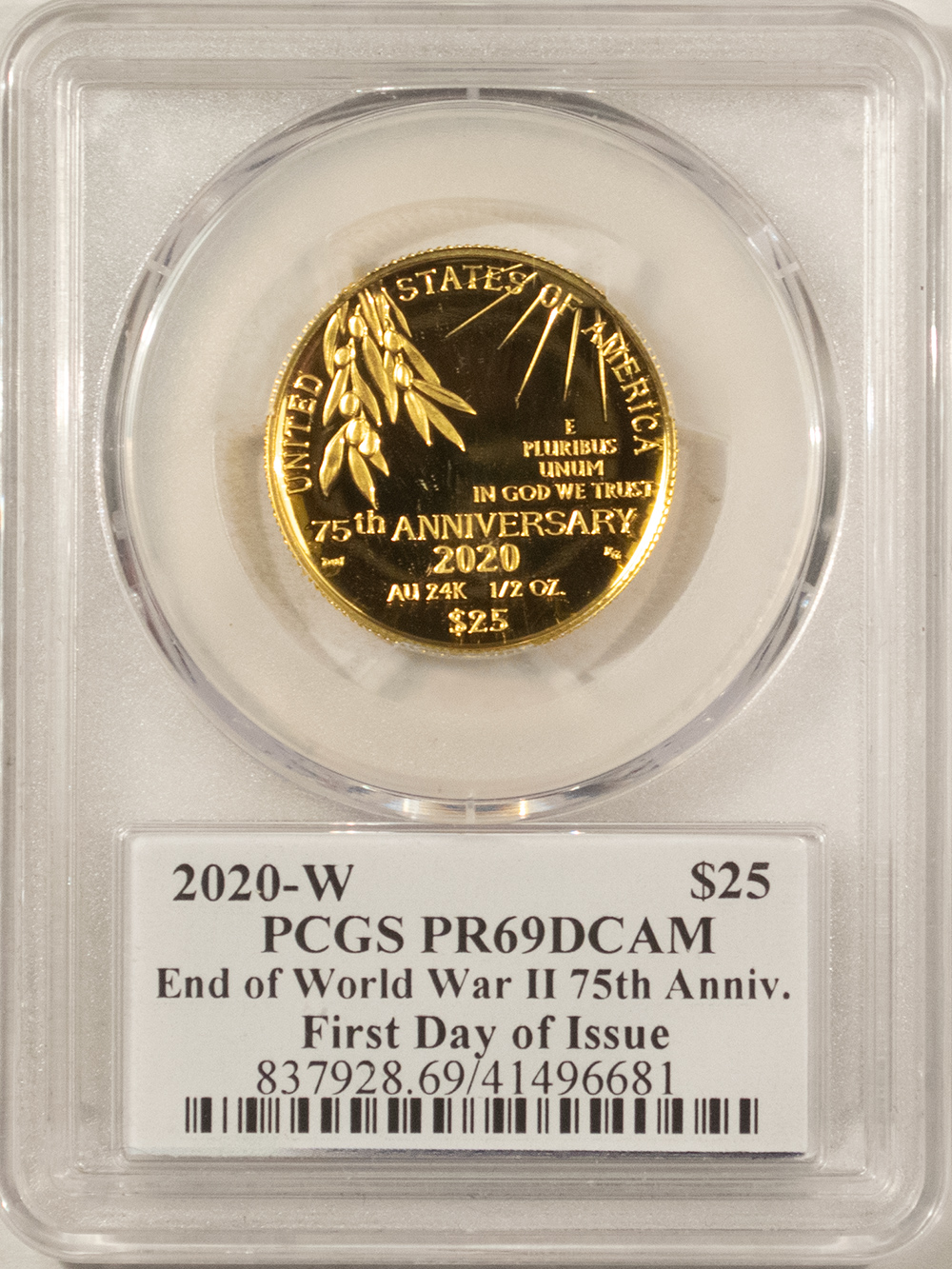 Bullion 2020-W V75 PROOF $25 GOLD END OF WORLD WAR 2 75TH ANN PCGS PR-69 DCAM FIRST DAY Bullion 2020-W V75 PROOF $25 GOLD END OF WORLD WAR 2 75TH ANN PCGS PR-69 DCAM FIRST DAY