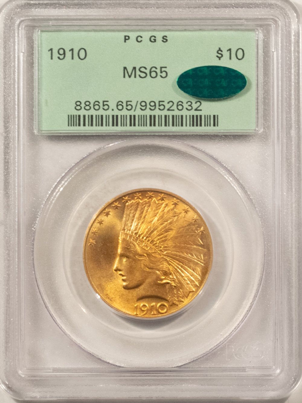 $10 1910 $10 INDIAN GOLD EAGLE – PCGS MS-65 CAC, OGH, SUPER PREMIUM QUALITY GORGEOUS $10 1910 $10 INDIAN GOLD EAGLE – PCGS MS-65 CAC, OGH, SUPER PREMIUM QUALITY GORGEOUS