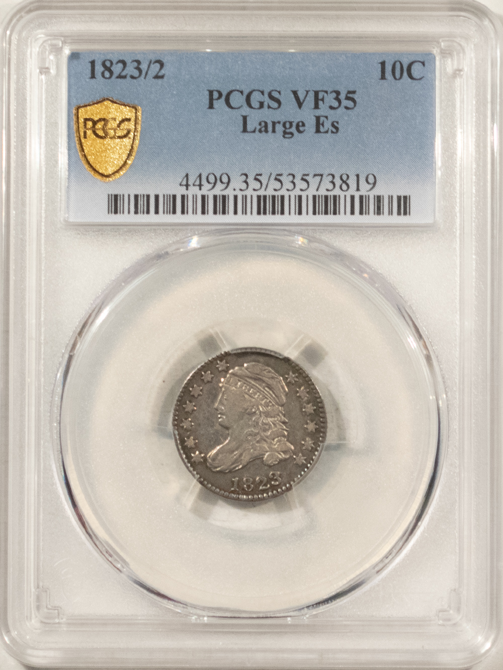 Capped Bust Dimes 1823/2 CAPPED BUST DIME, LARGE Es – PCGS VF-35, TOUGH DATE! Capped Bust Dimes 1823/2 CAPPED BUST DIME, LARGE Es – PCGS VF-35, TOUGH DATE!
