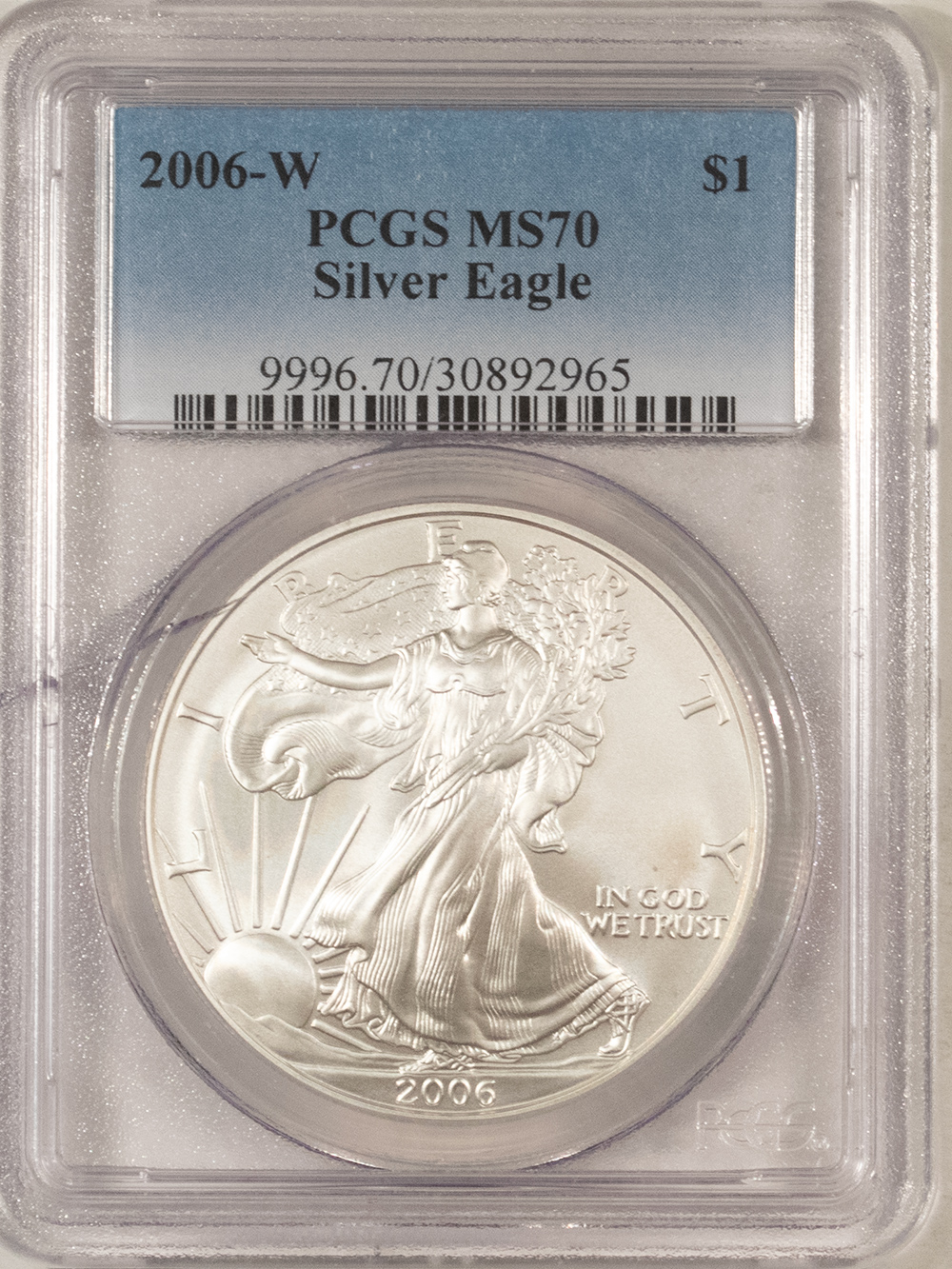 2006-W $1 AMERICAN SILVER EAGLE 1 OZ .999 – PCGS MS-70, DAMAGED HOLDER, AS-IS!