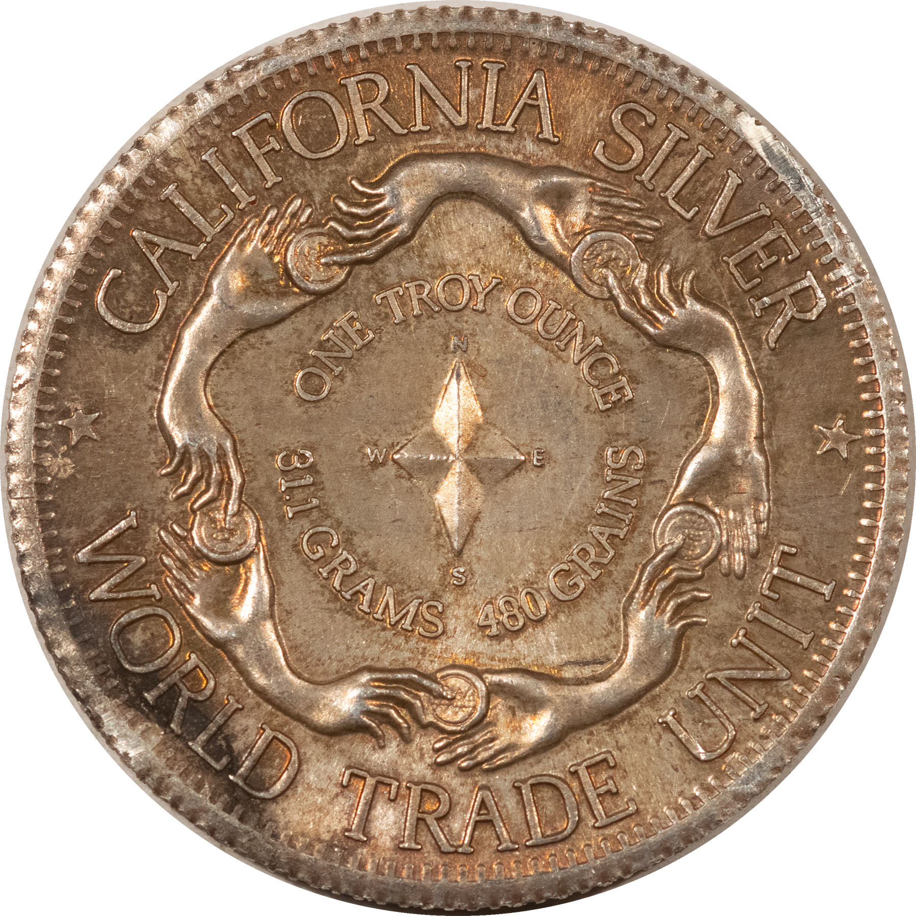 Bullion VINTAGE 1974 1 OZ .999 FINE SILVER WORLD TRADE UNIT CALIFORNIA SILVER – TONED! Bullion VINTAGE 1974 1 OZ .999 FINE SILVER WORLD TRADE UNIT CALIFORNIA SILVER – TONED!