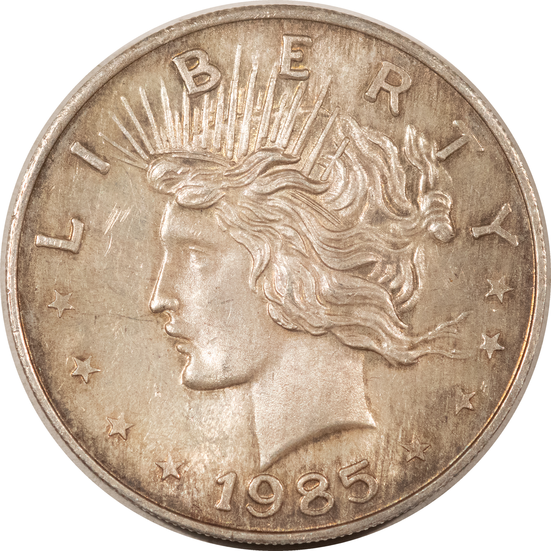 Bullion VINTAGE 1985 PEACE DOLLAR HEAD 1 OZ .999 SILVER ROUND TRADE UNIT, ORIGINAL TONED Bullion VINTAGE 1985 PEACE DOLLAR HEAD 1 OZ .999 SILVER ROUND TRADE UNIT, ORIGINAL TONED